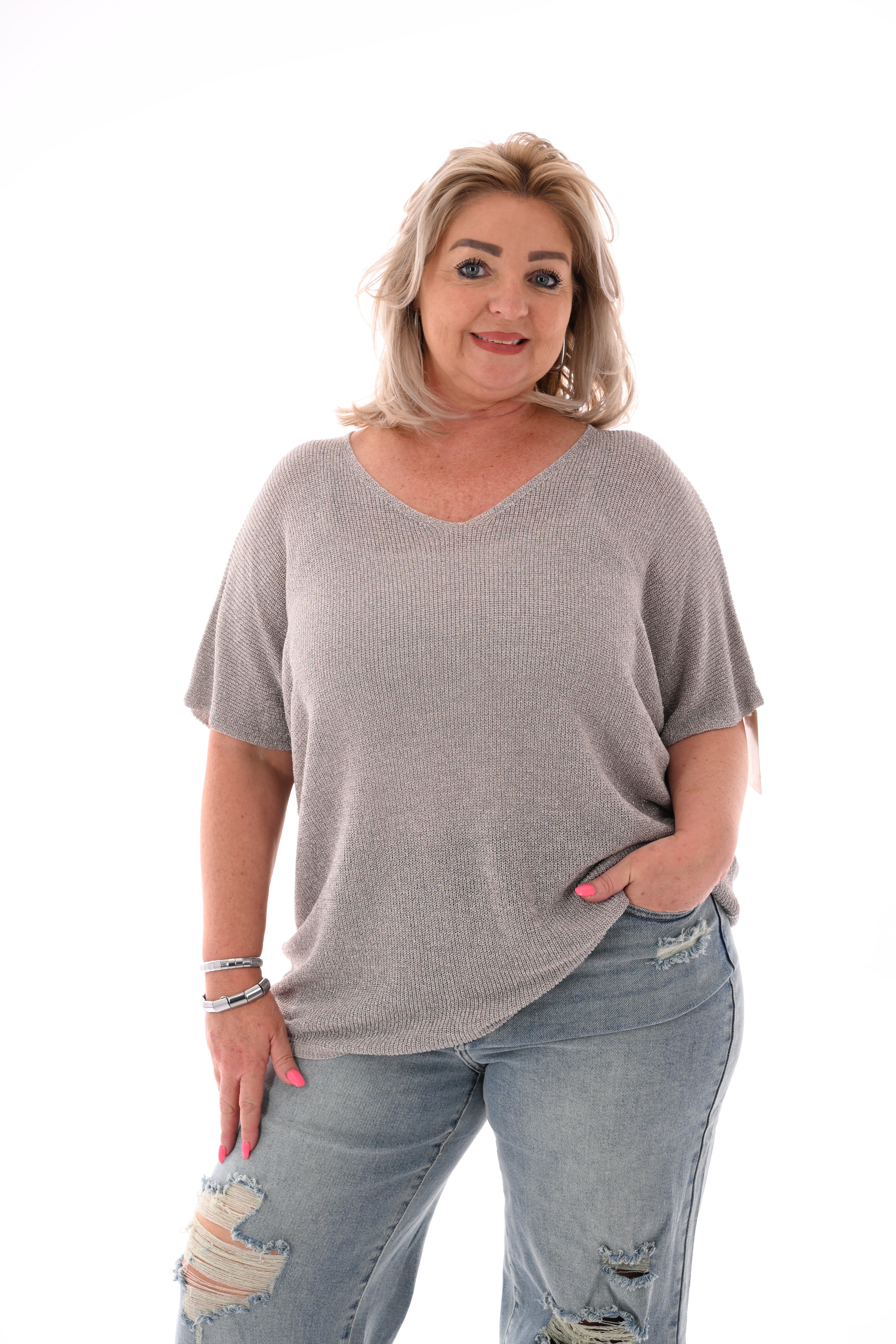 Shirt v-hals lurex grijs