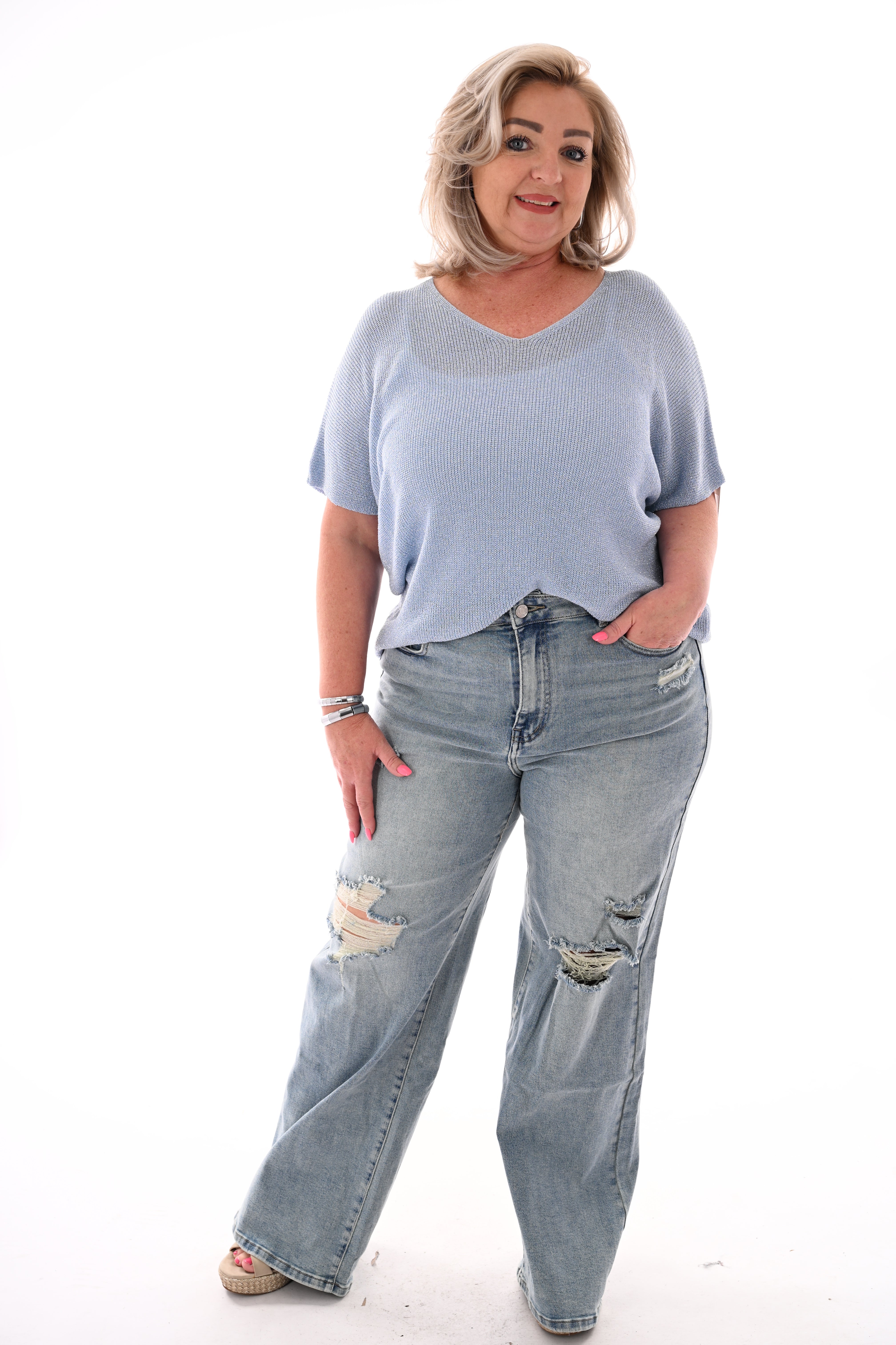 Shirt v-hals lurex lichtblauw