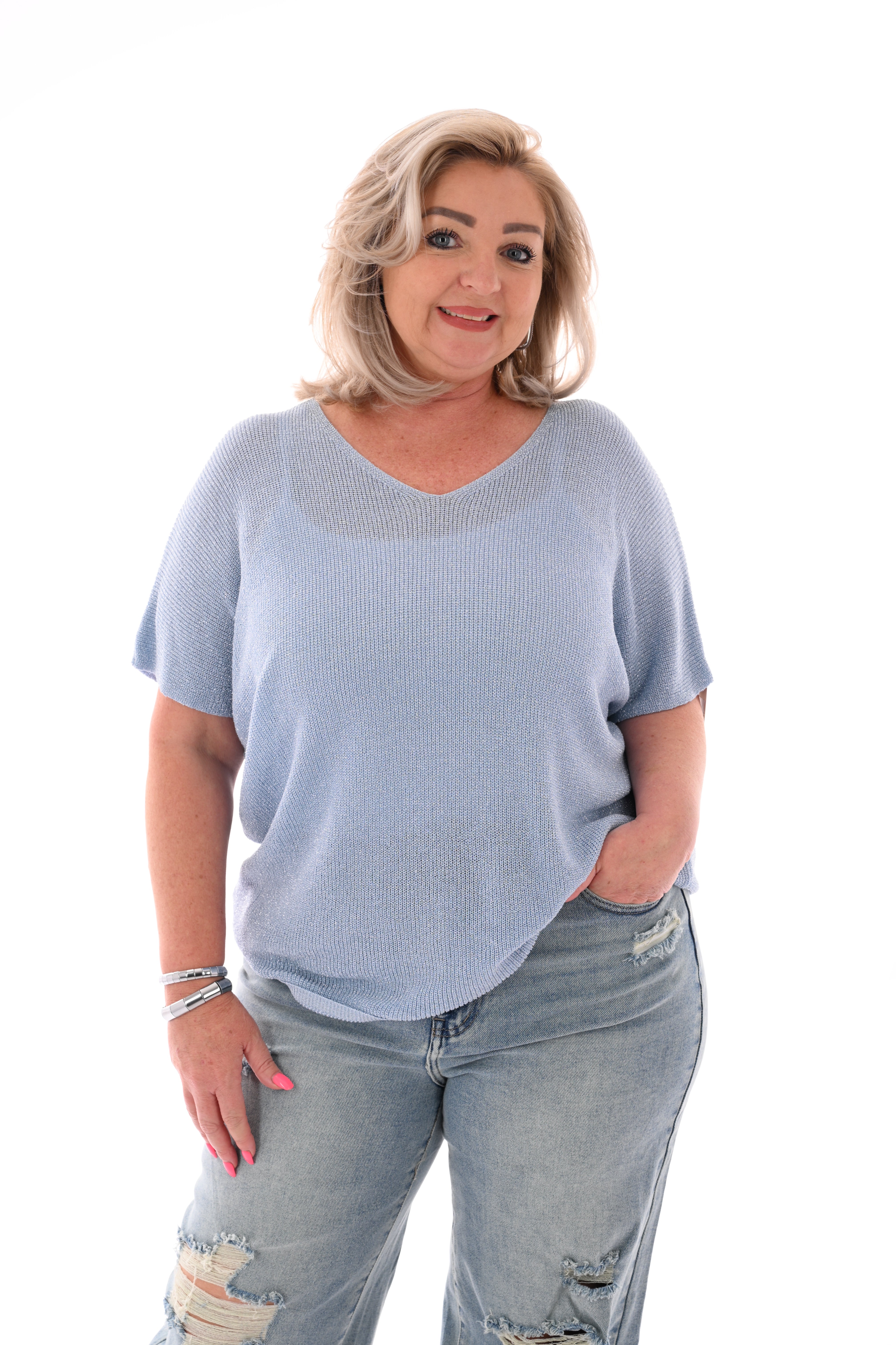 Shirt v-hals lurex lichtblauw