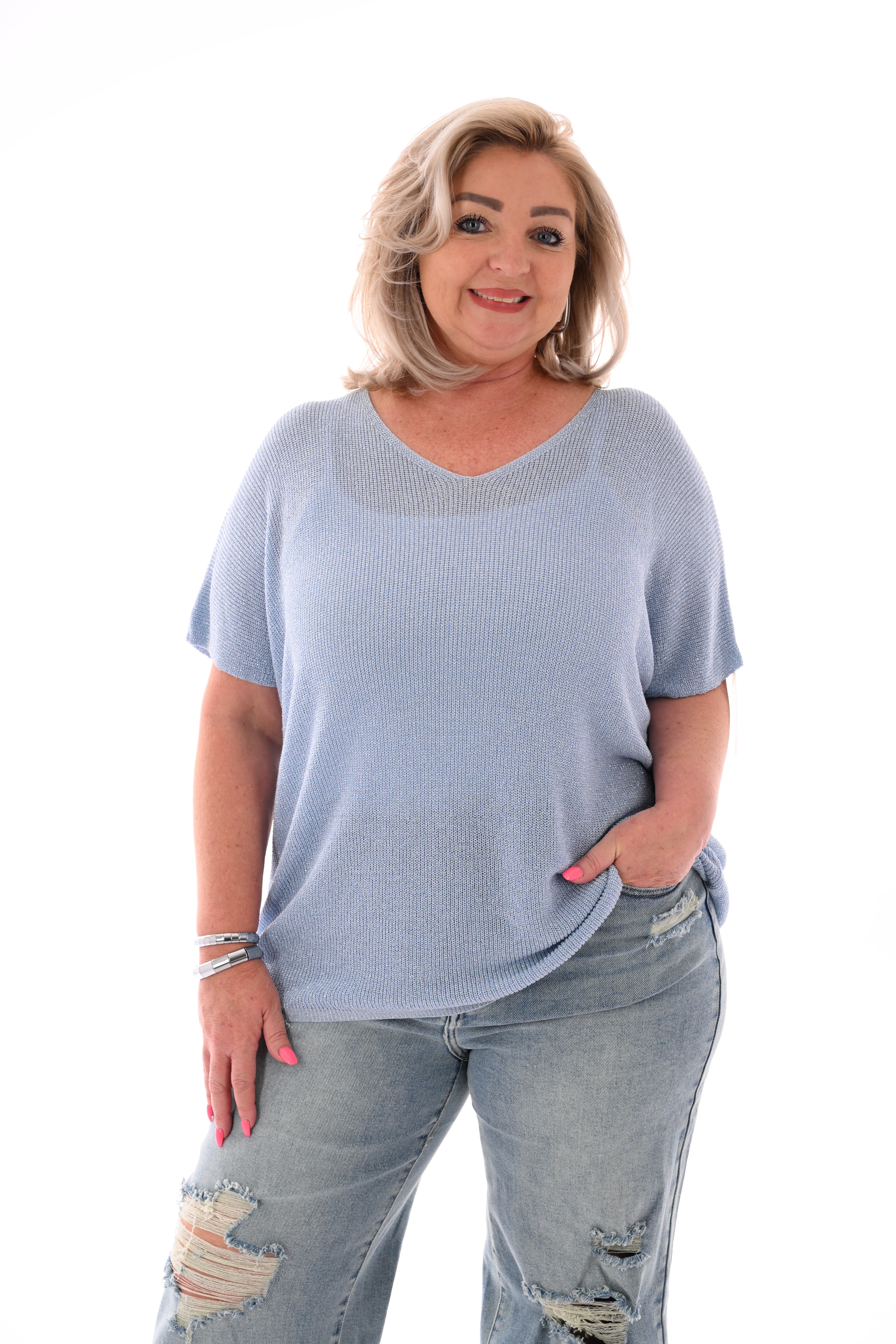 Shirt v-hals lurex lichtblauw