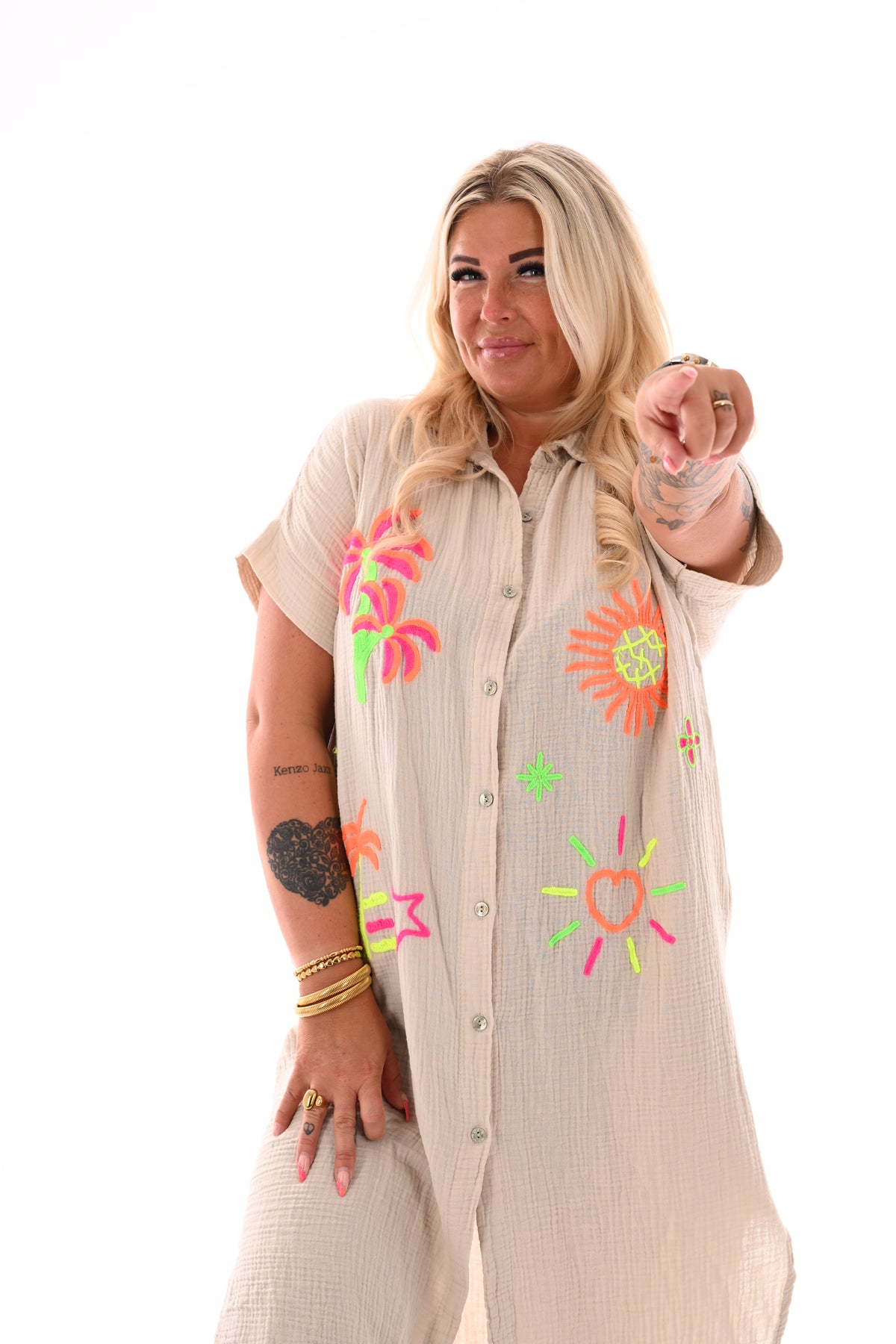 Wafel jurk neon applicaties beige