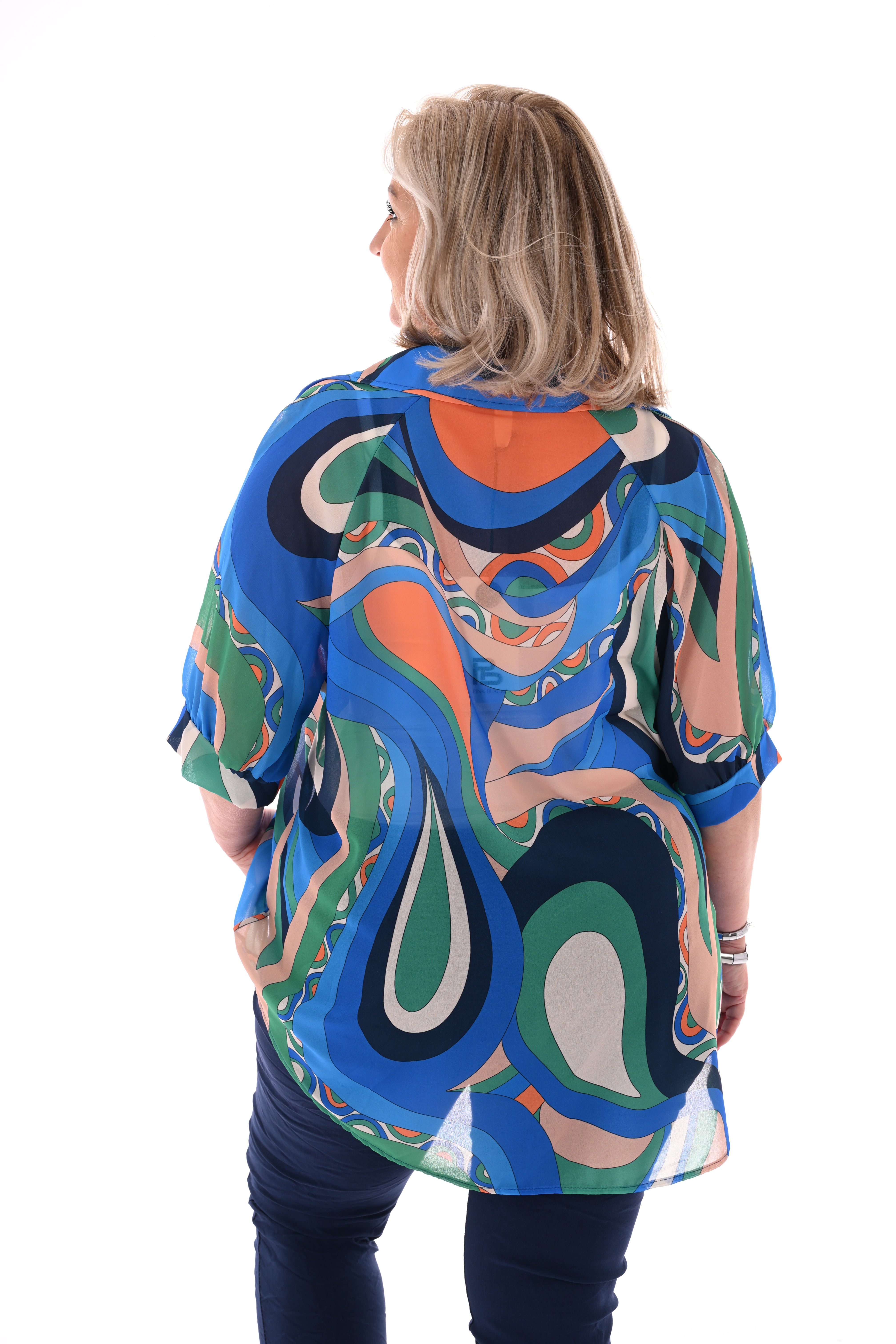 Blouse v-hals korte pofmouwen print abstract kobaltblauw