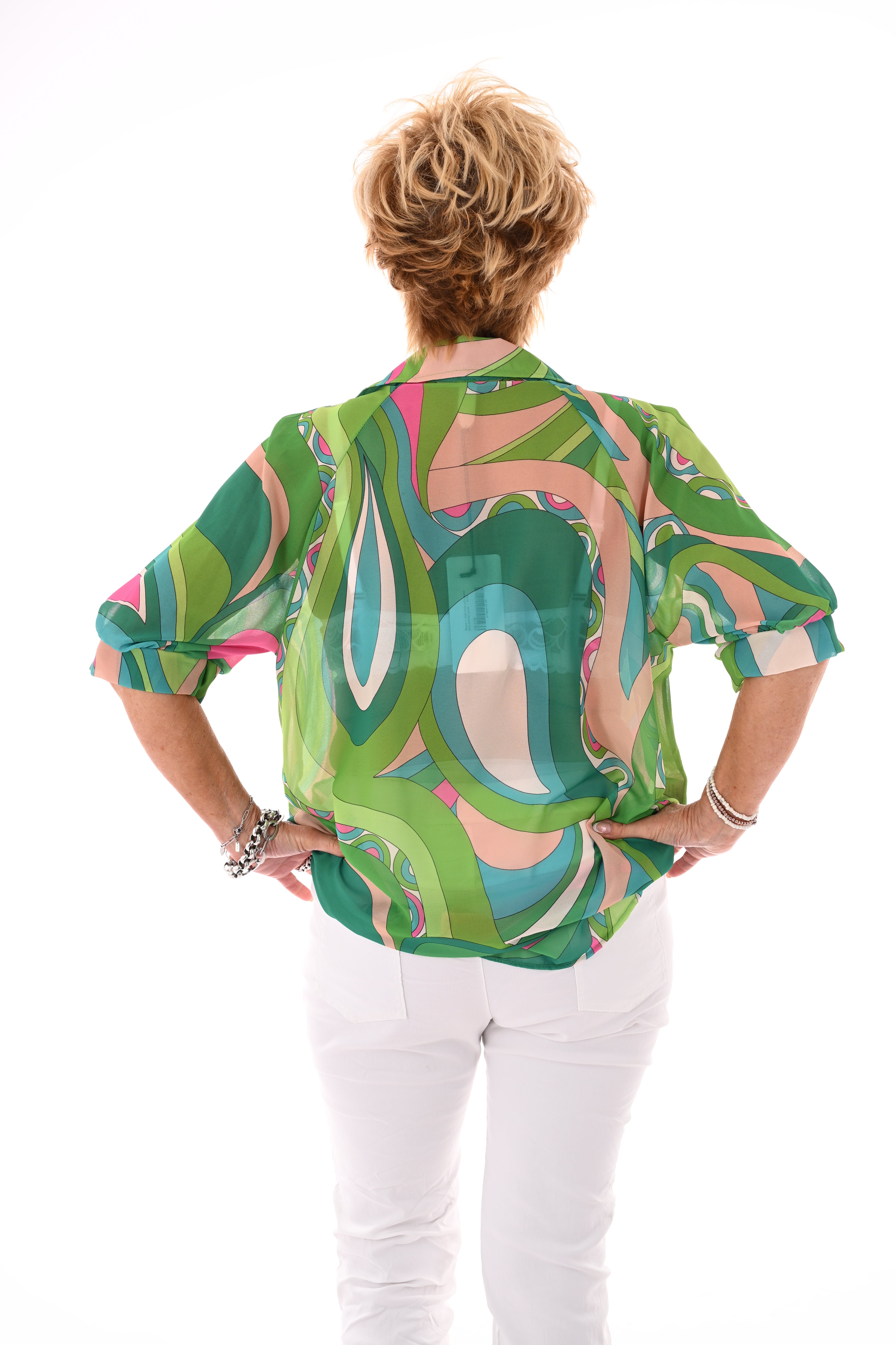Blouse v-hals korte pofmouwen print abstract groen
