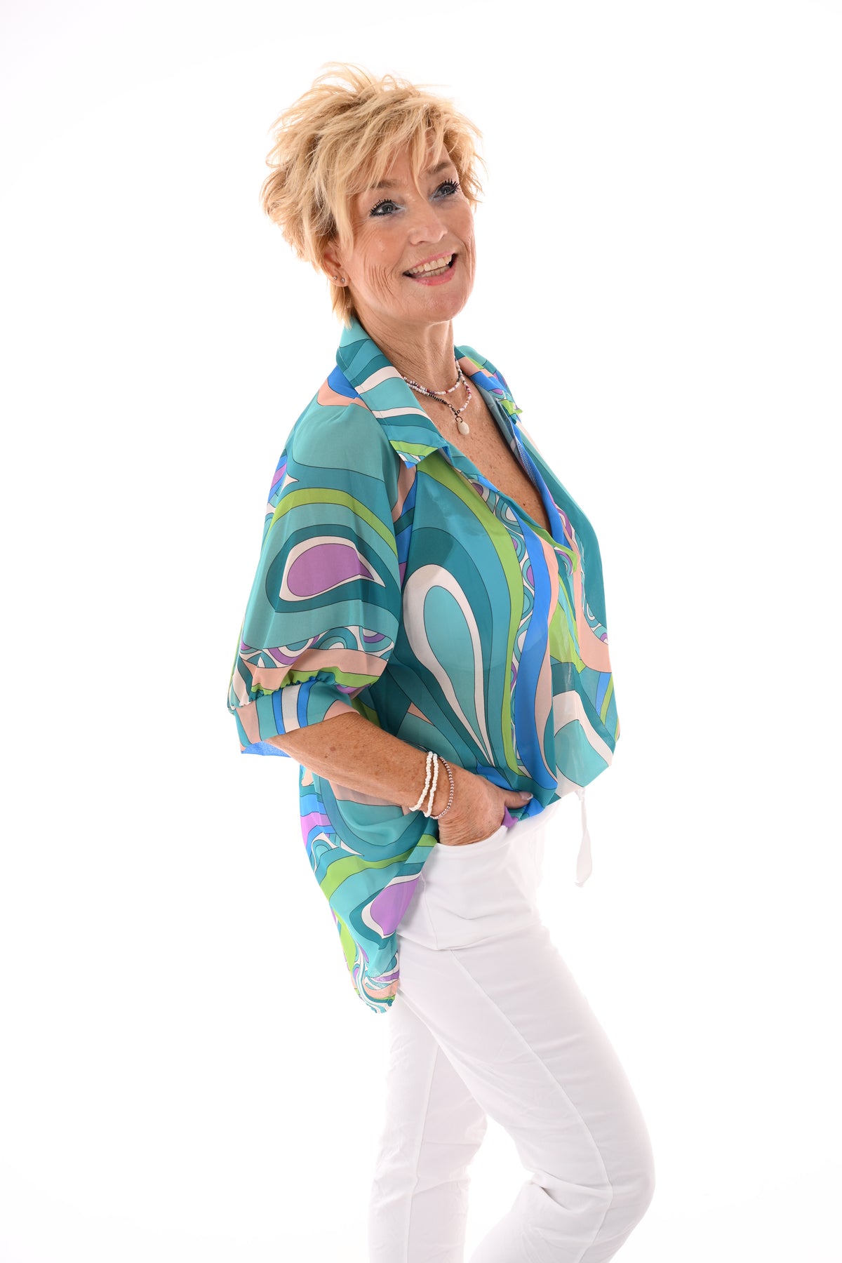 Blouse v-hals korte pofmouwen print abstract turquoise