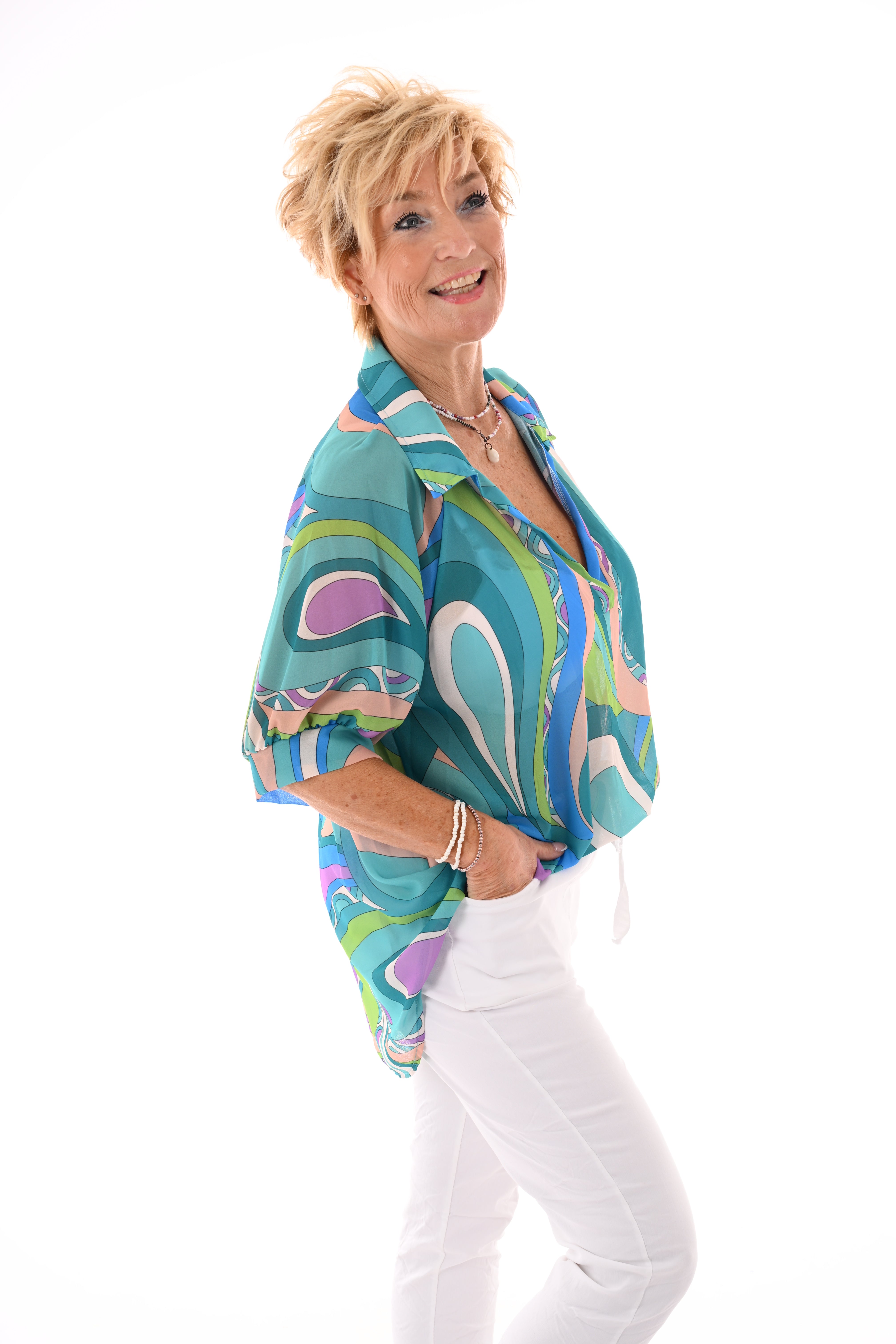 Blouse v-hals korte pofmouwen print abstract turquoise