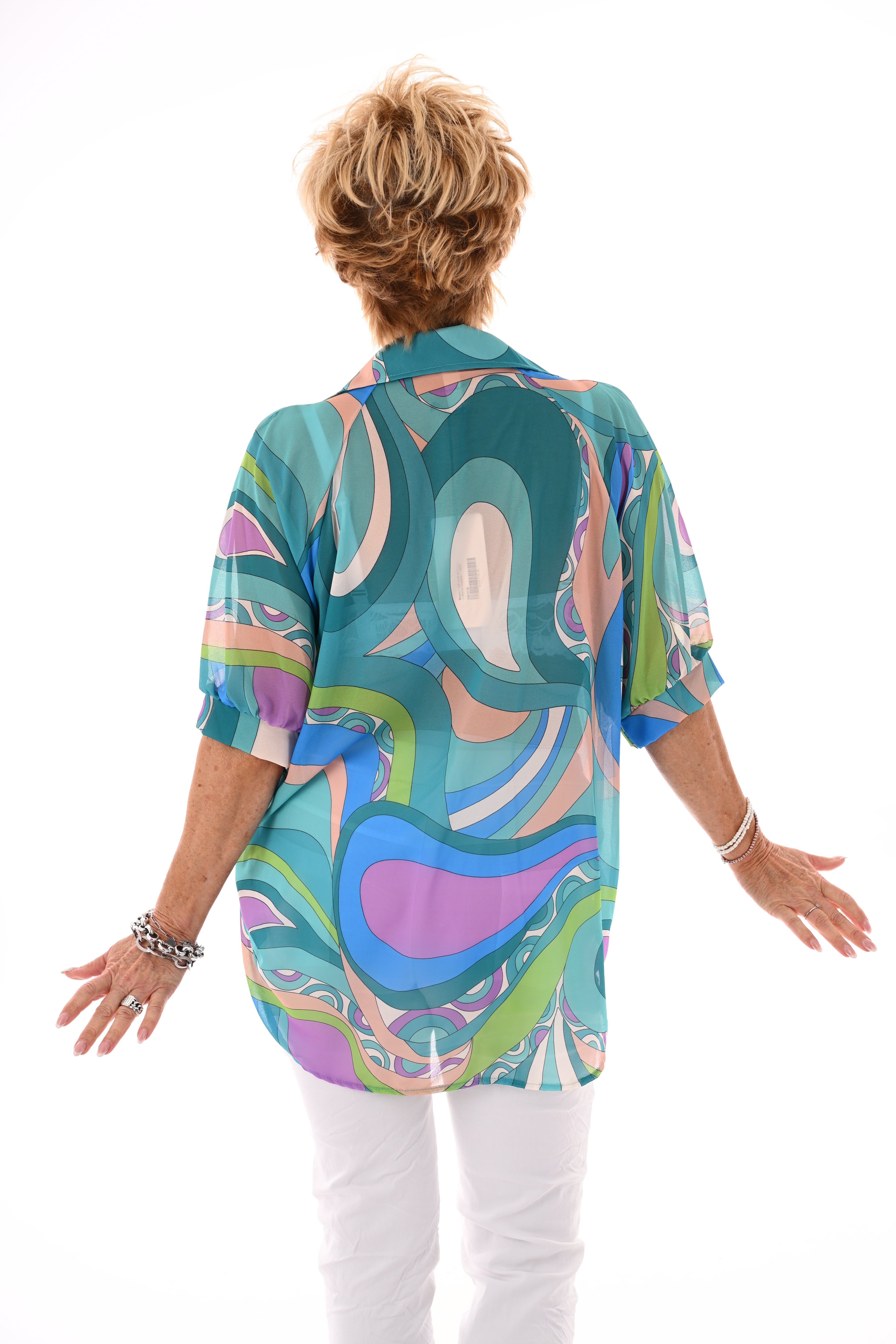 Blouse v-hals korte pofmouwen print abstract turquoise