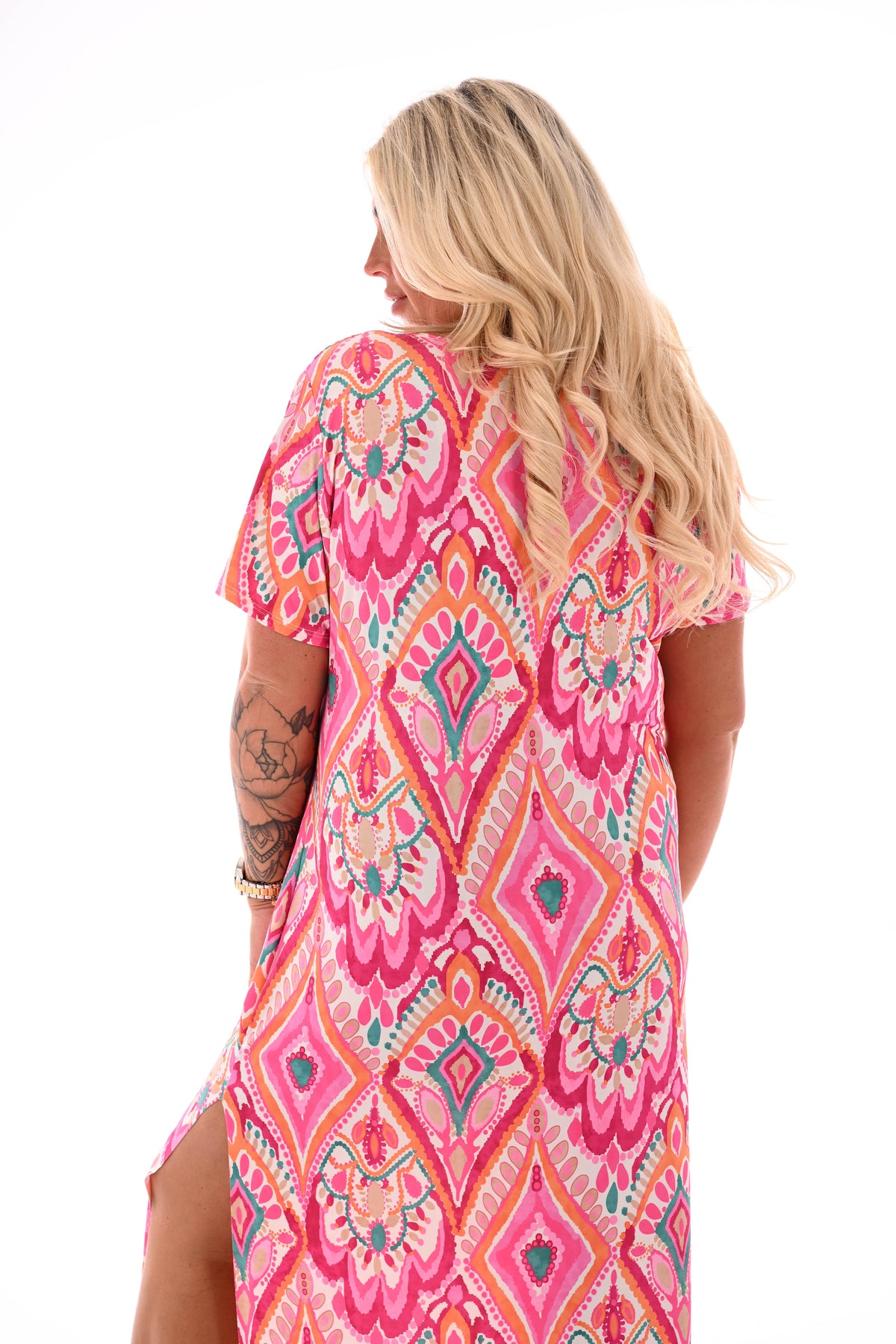 Jurk met knoop detail print oranje/roze