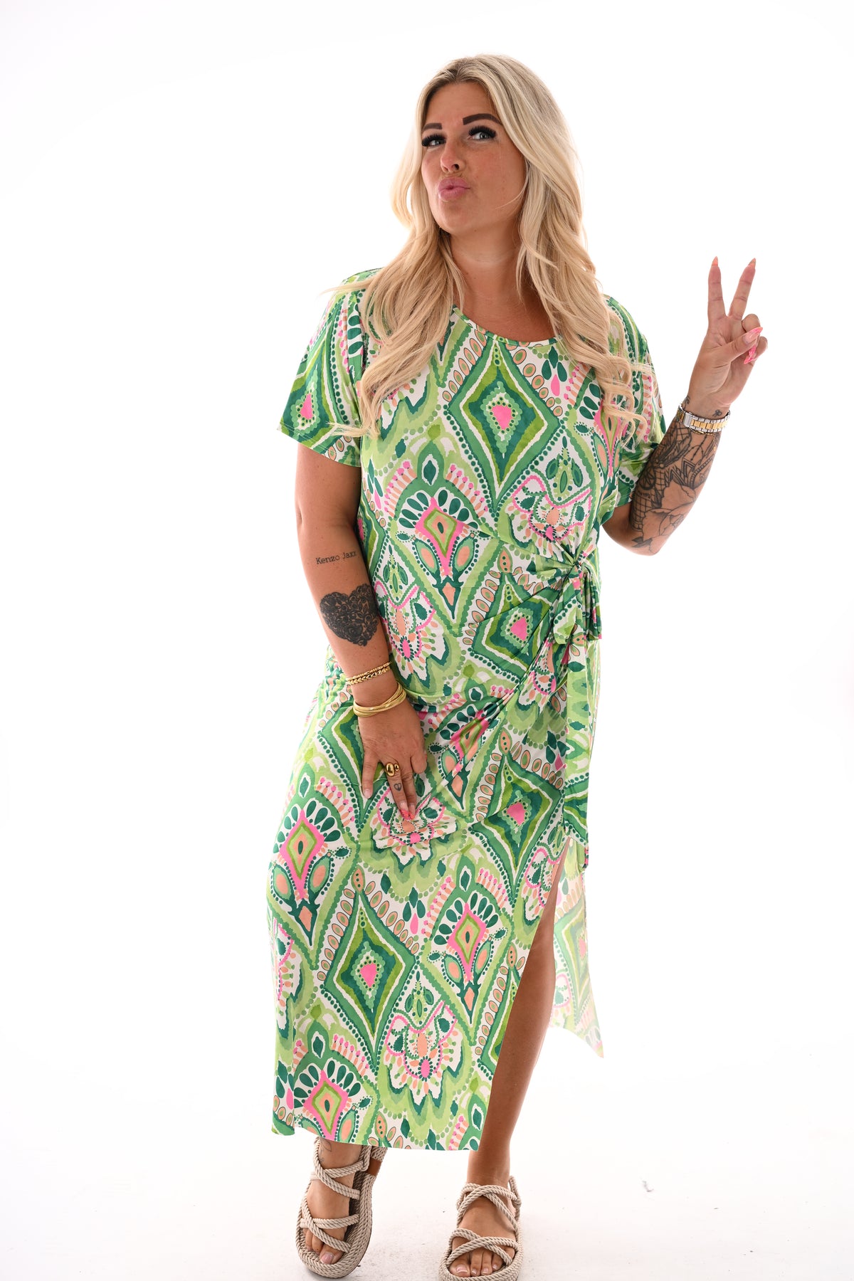 Jurk met knoop detail print groen/roze