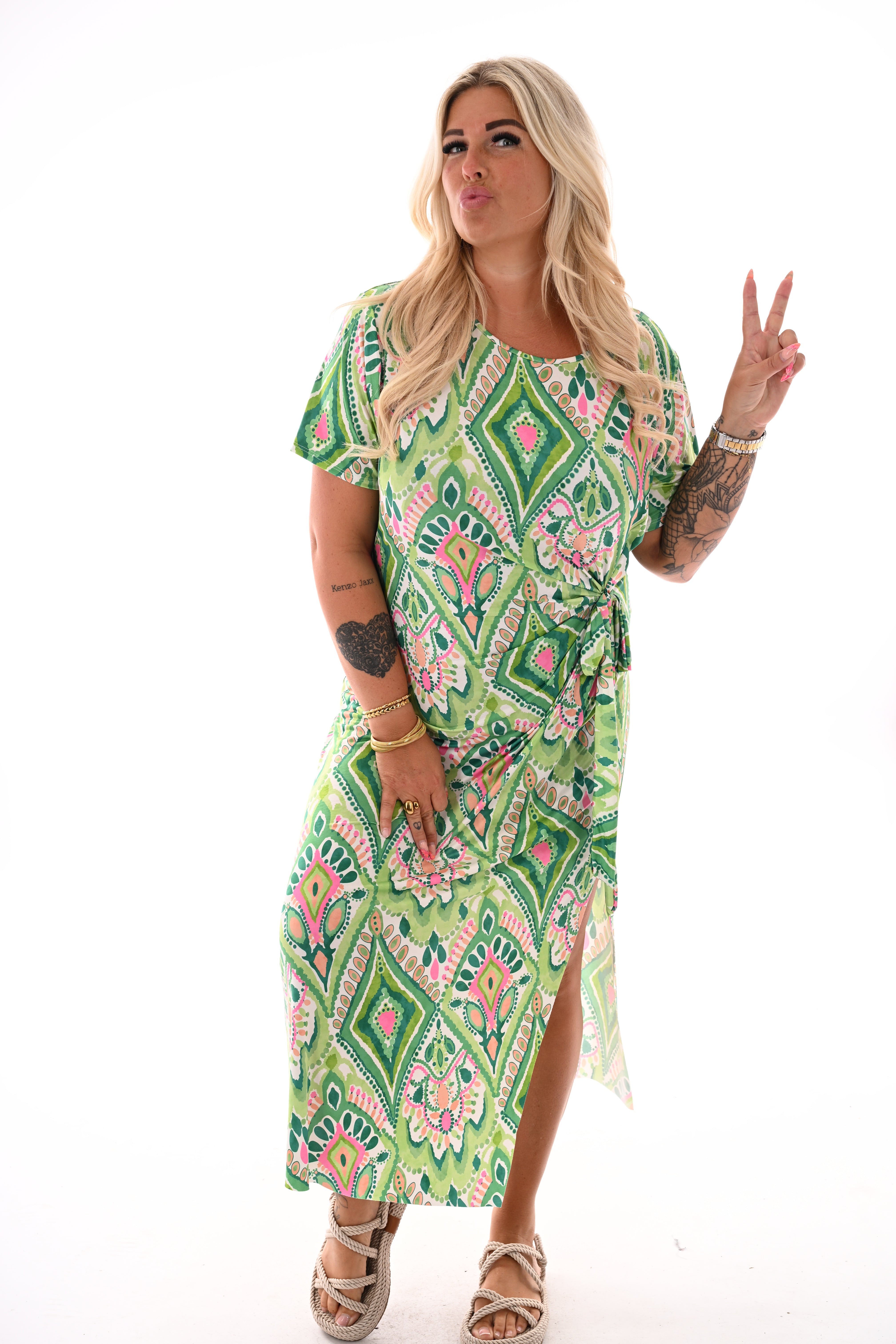 Jurk met knoop detail print groen/roze