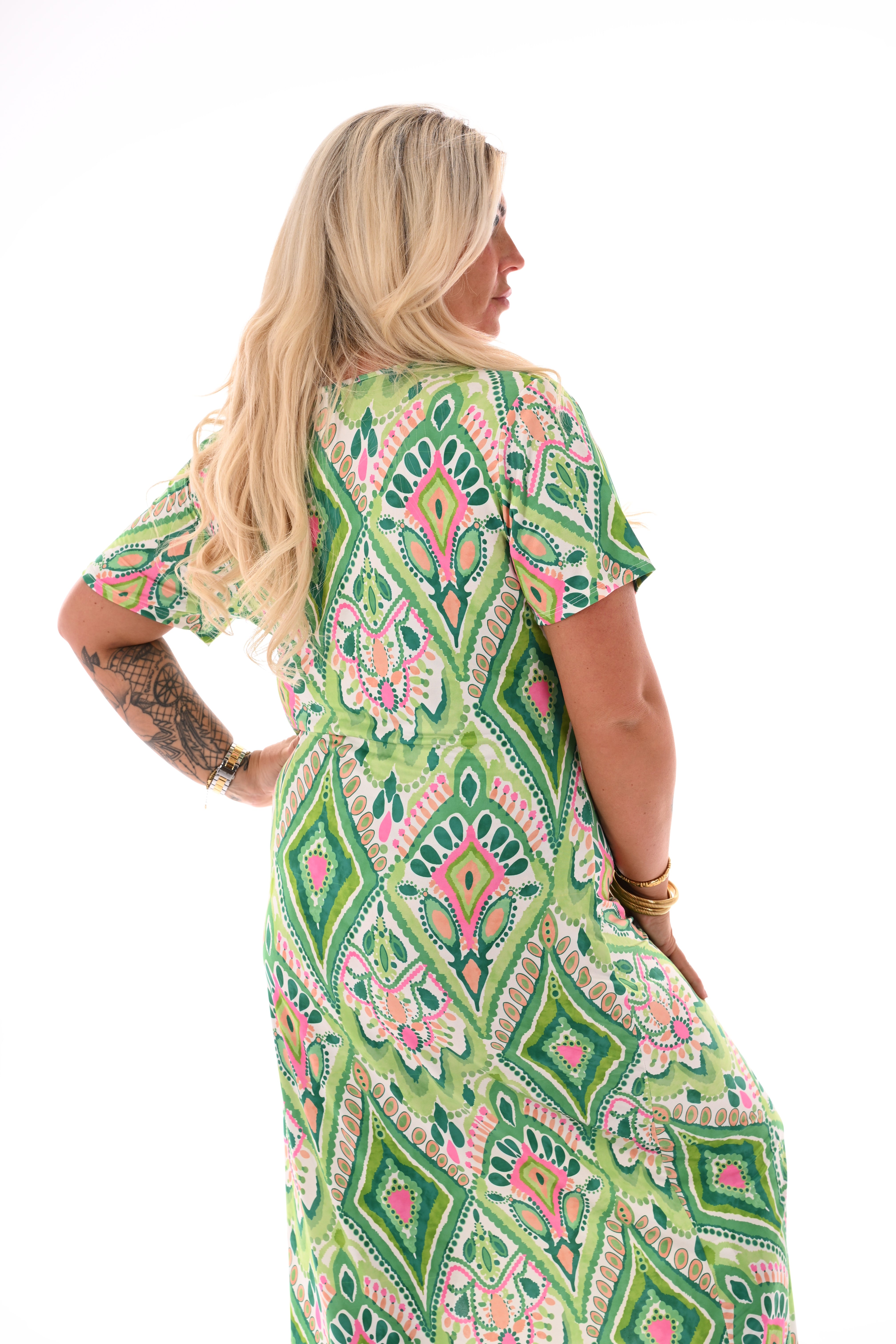 Jurk met knoop detail print groen/roze