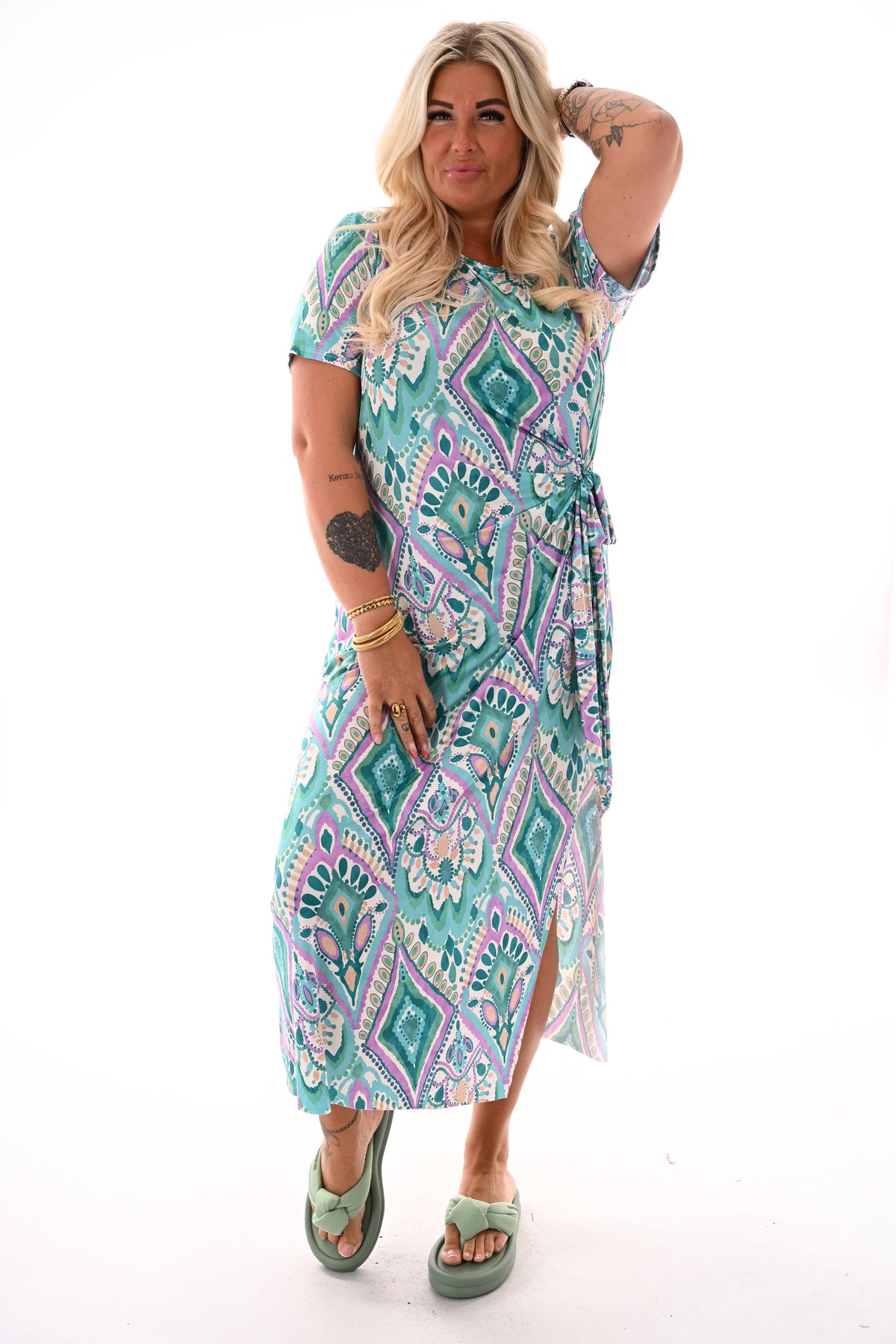 Jurk met knoop detail print turquoise/lila