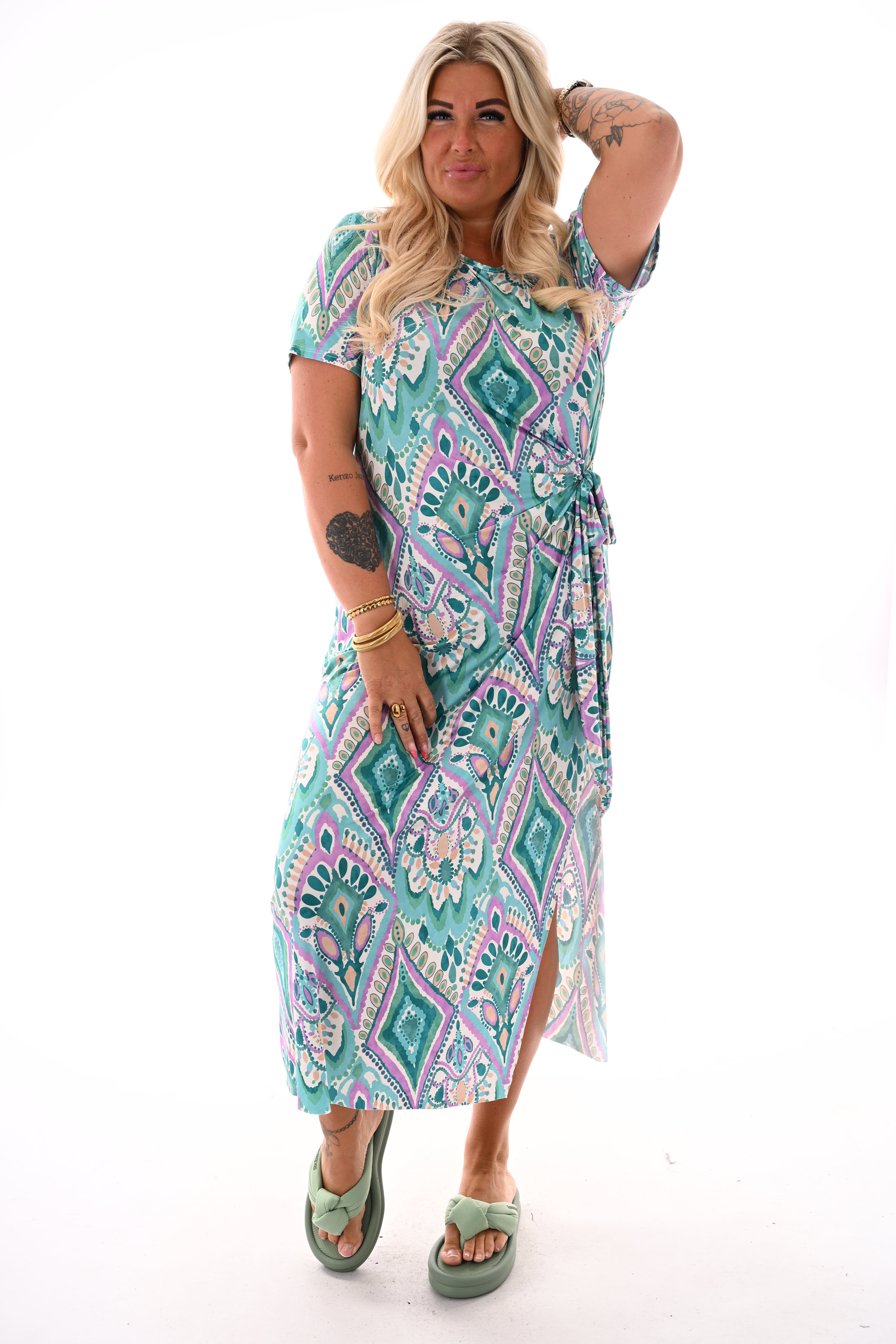 Jurk met knoop detail print turquoise/lila