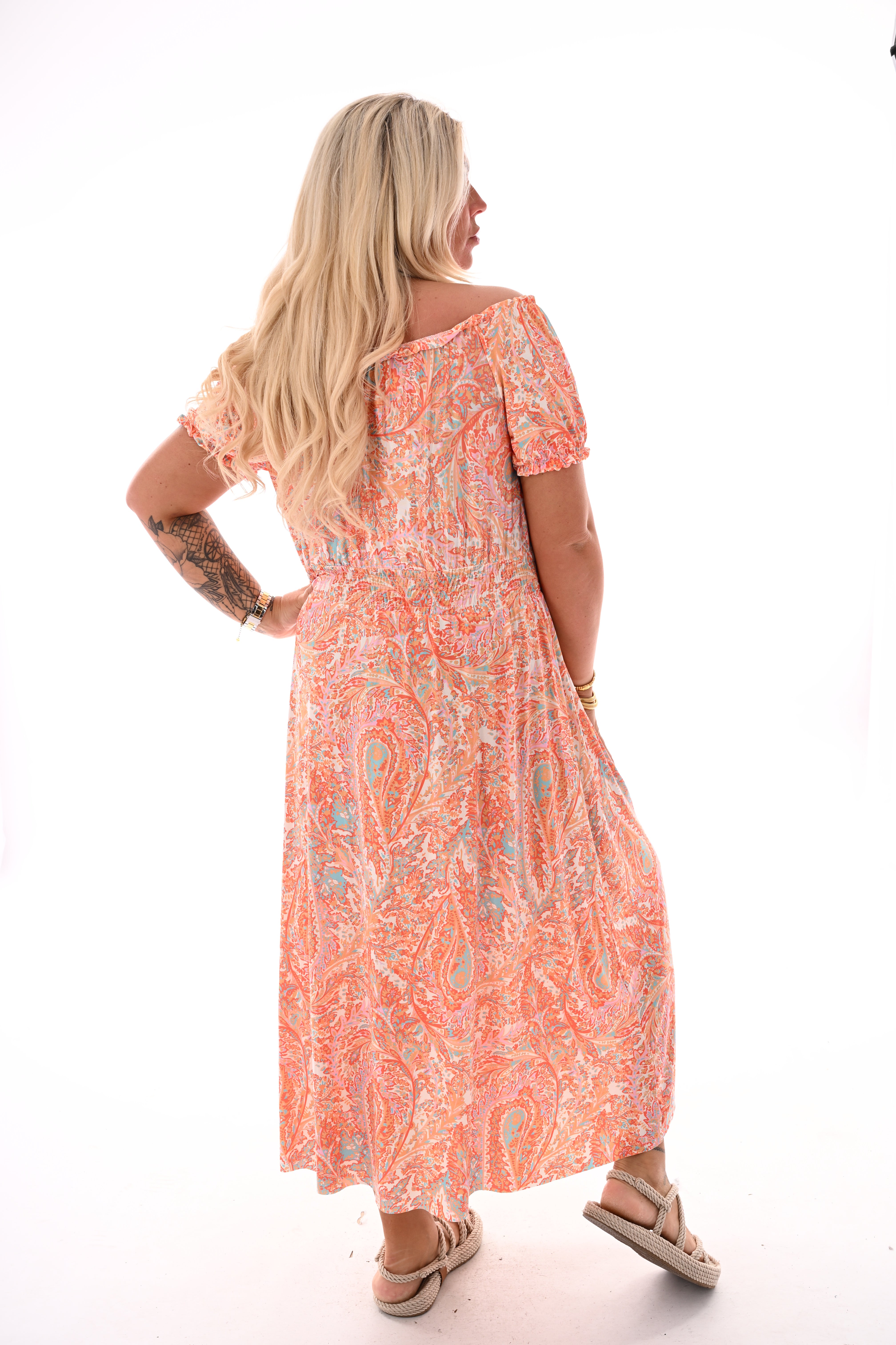 Jurk off-shoulders smock detail  oranje
