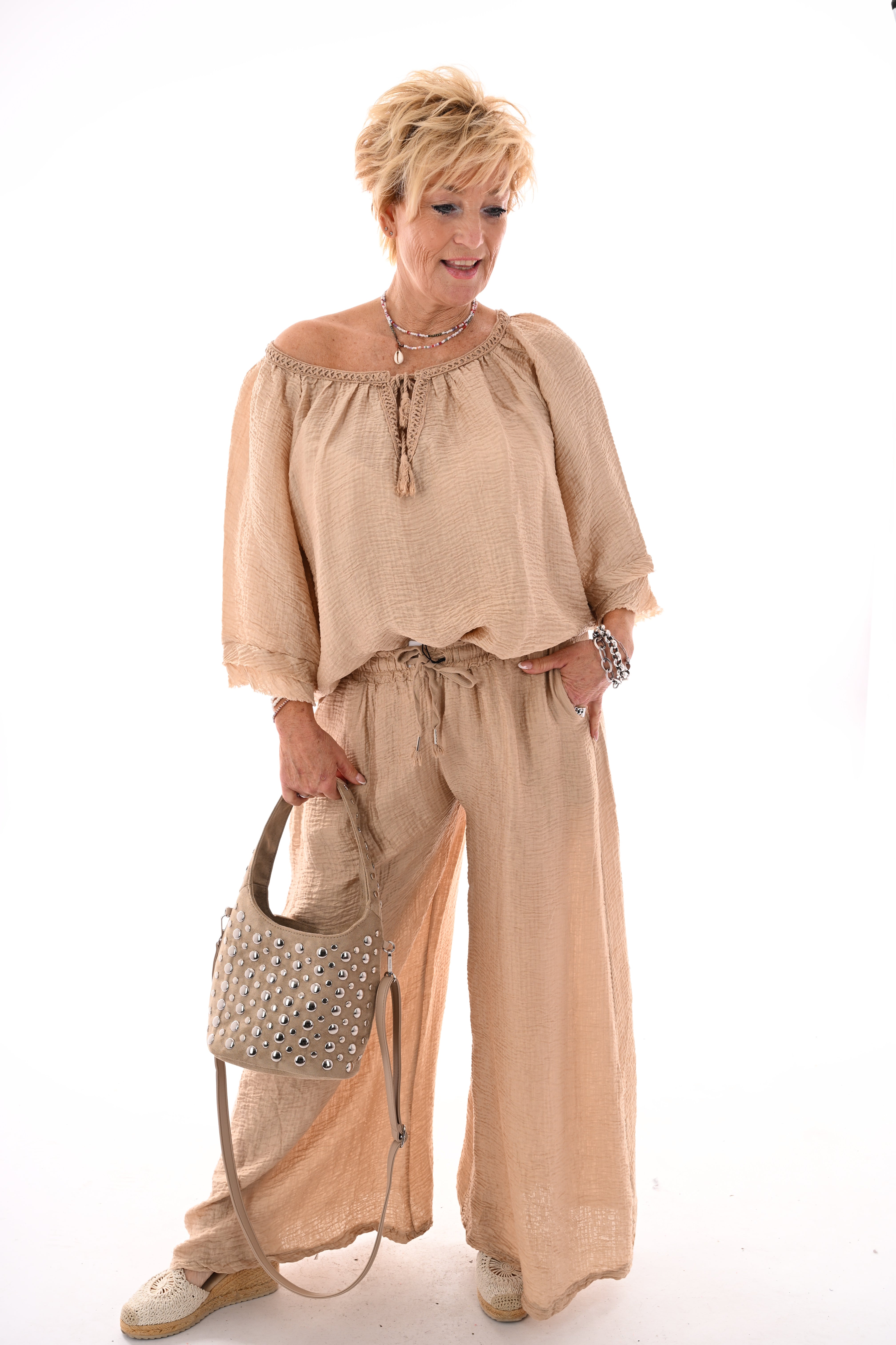 Tweedelig wafel set strik detail camel