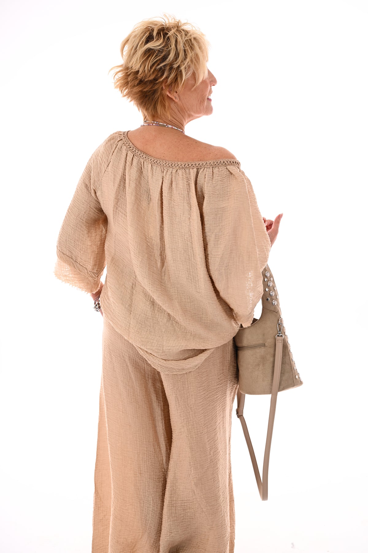 Tweedelig wafel set strik detail camel