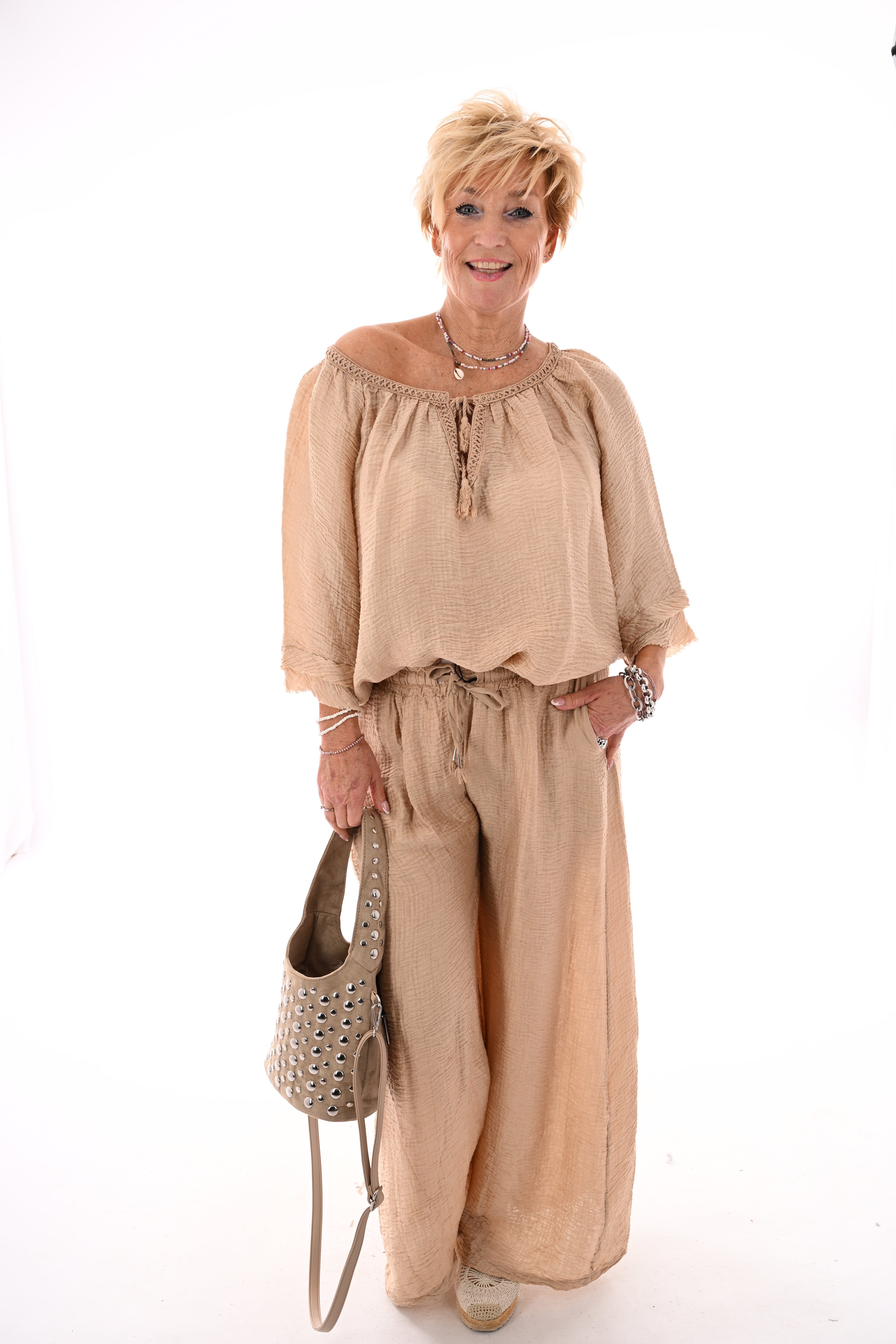 Tweedelig wafel set strik detail camel