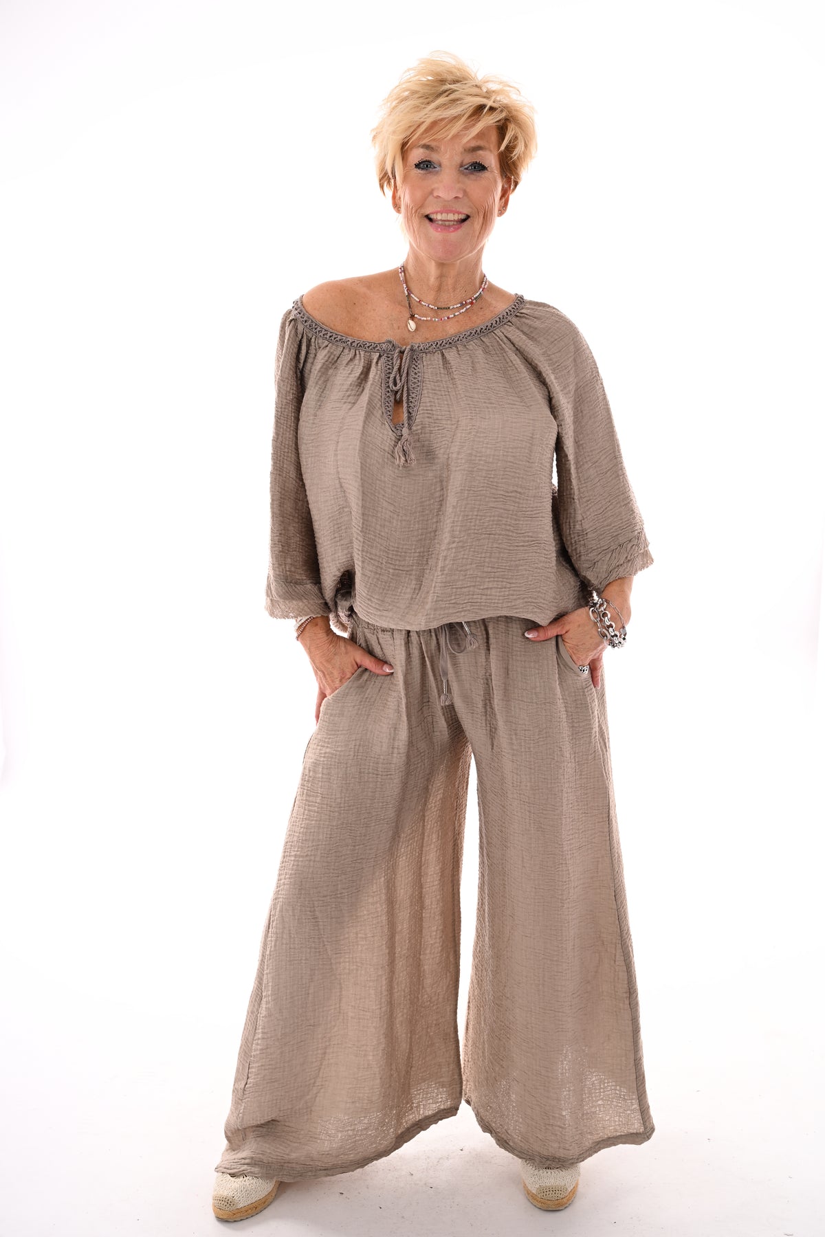 Tweedelig wafel set strik detail taupe