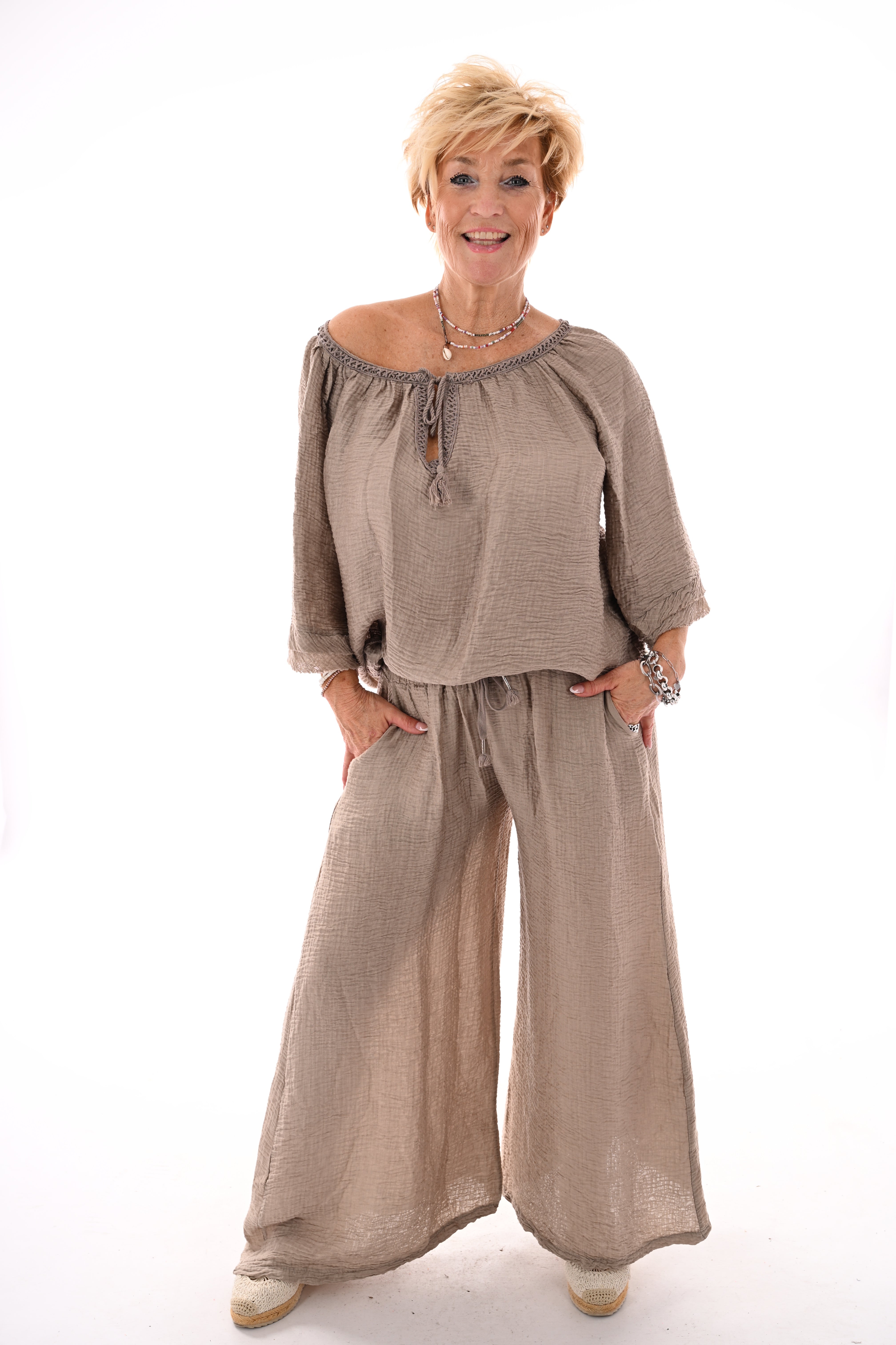 Tweedelig wafel set strik detail taupe