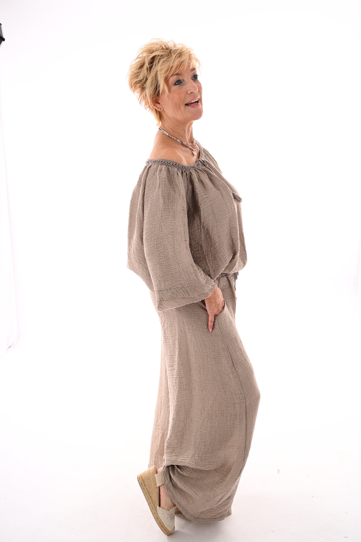 Tweedelig wafel set strik detail taupe