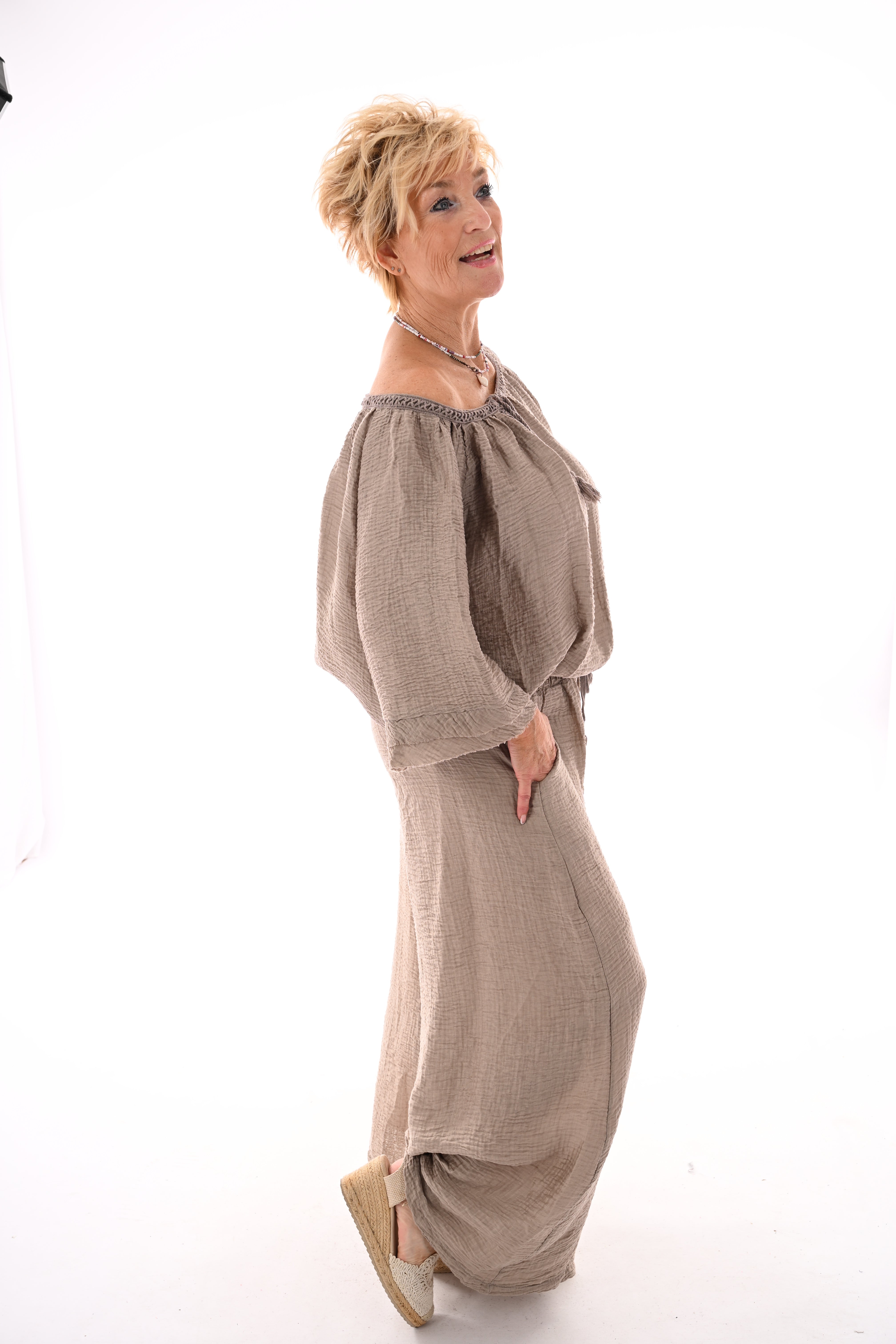 Tweedelig wafel set strik detail taupe
