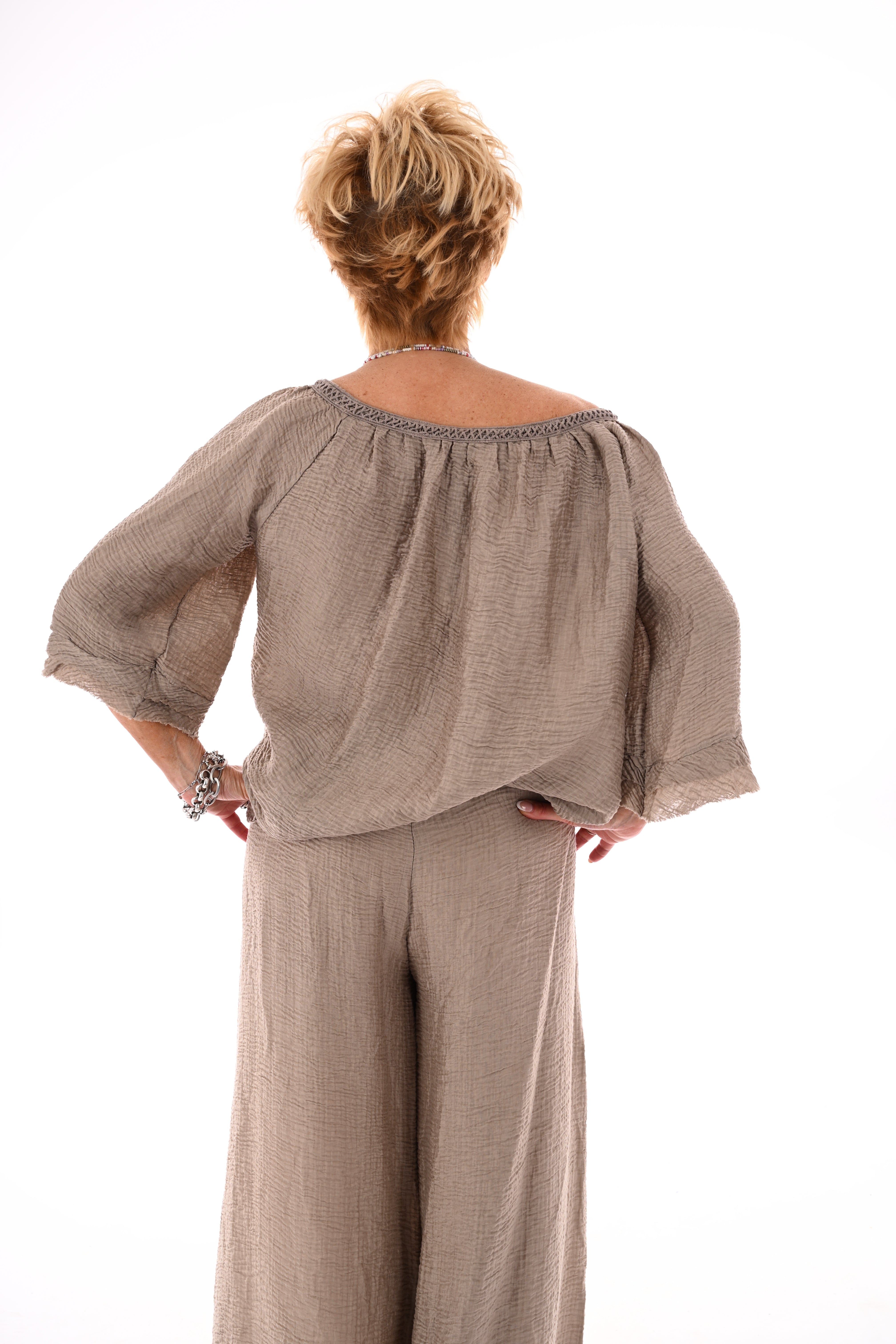Tweedelig wafel set strik detail taupe