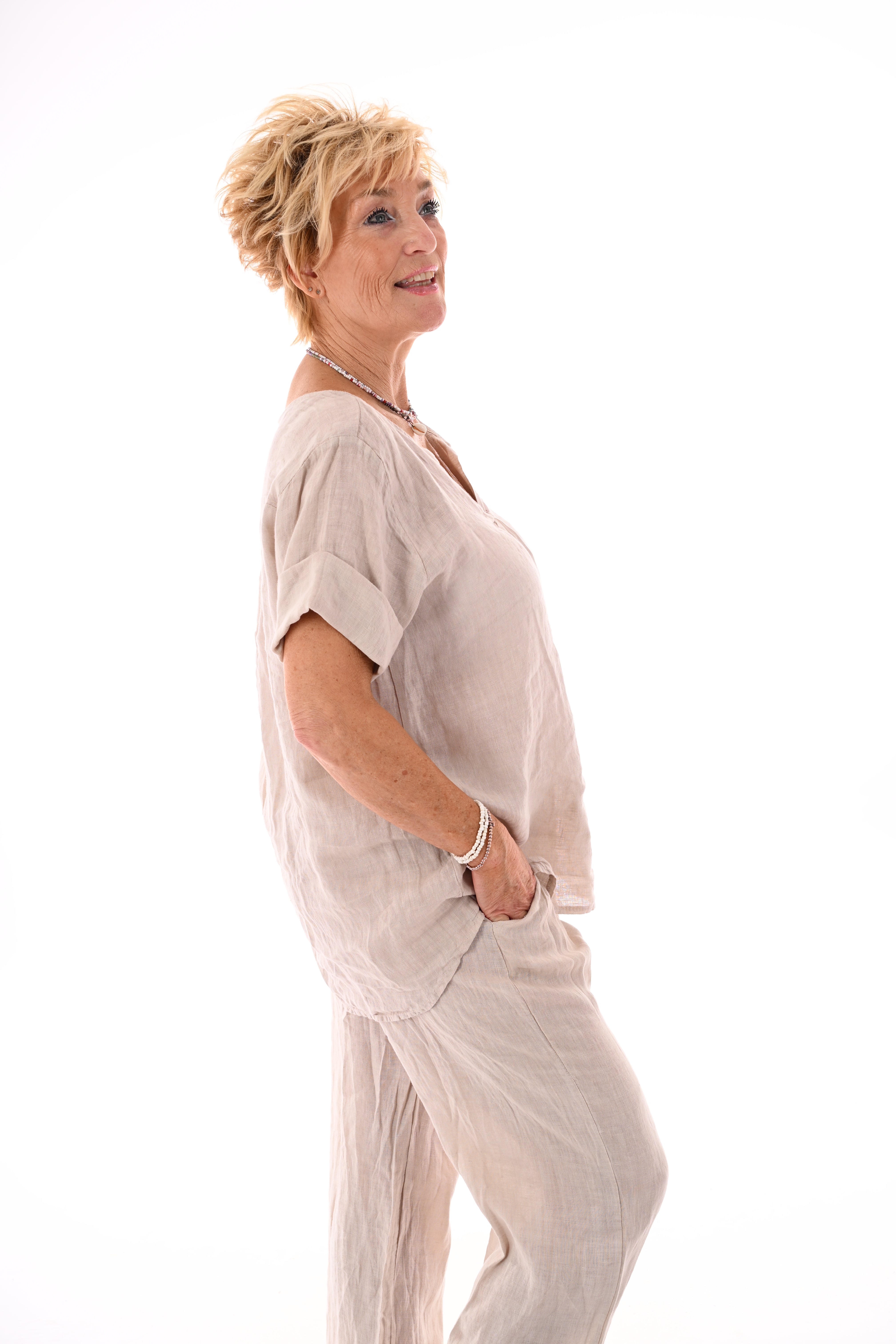 Tweedelig set linnen korte mouwen beige