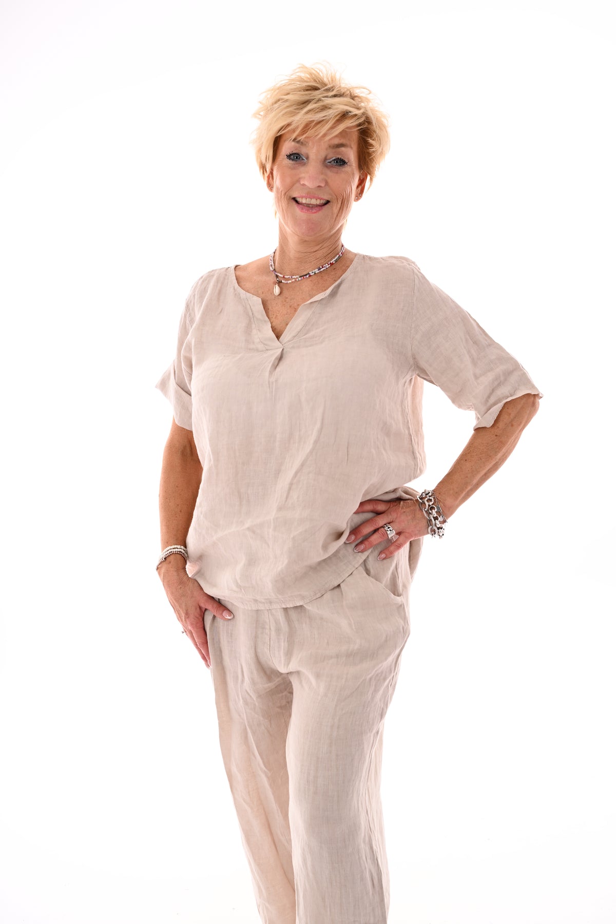 Tweedelig set linnen korte mouwen beige