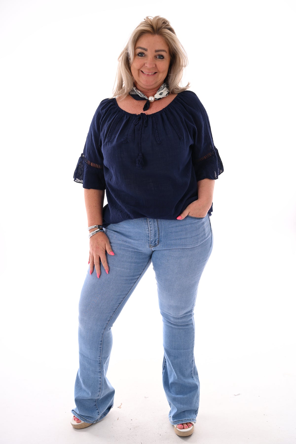 Top ibiza met kwastjes marineblauw