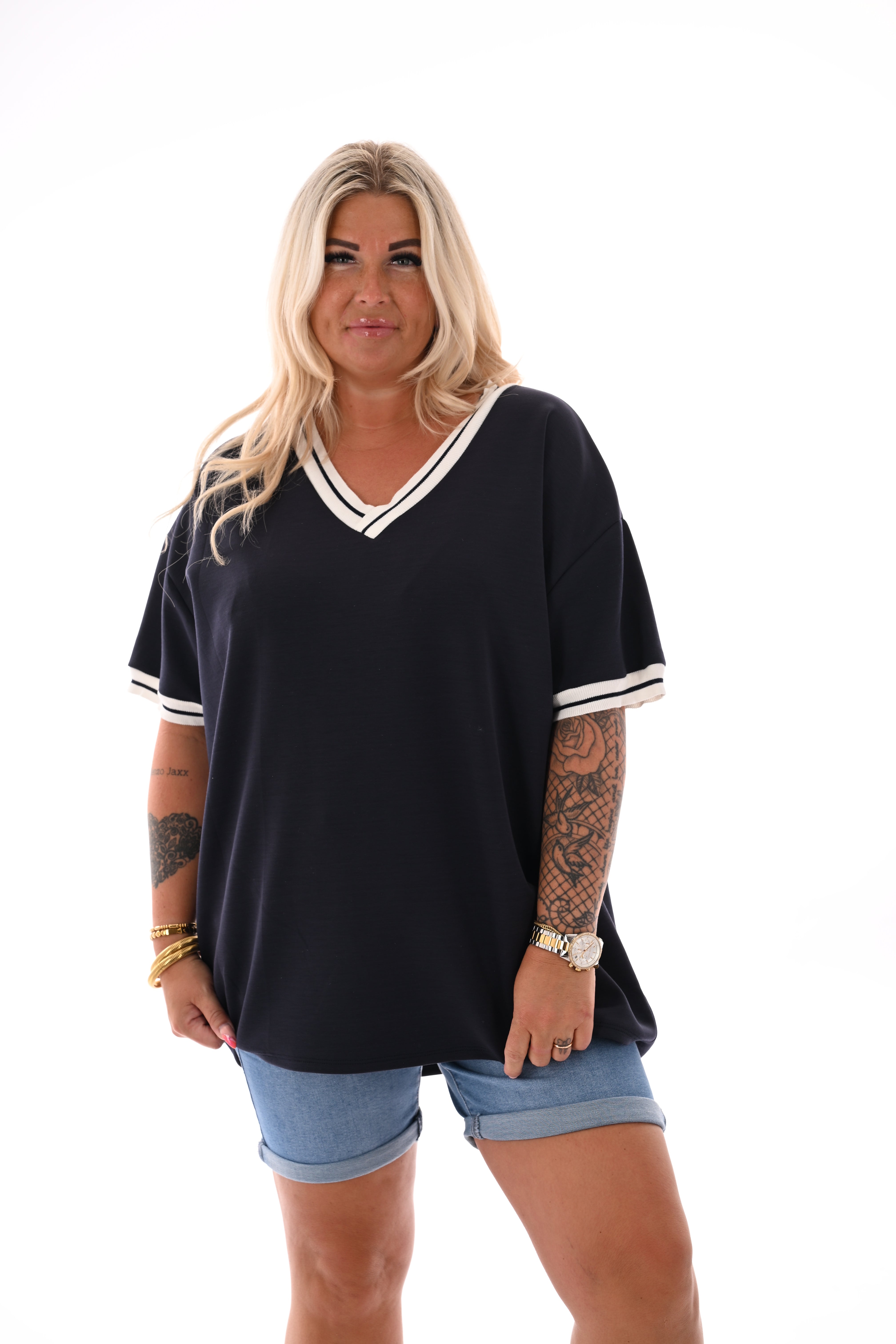 Top met bies v-hals uni marineblauw