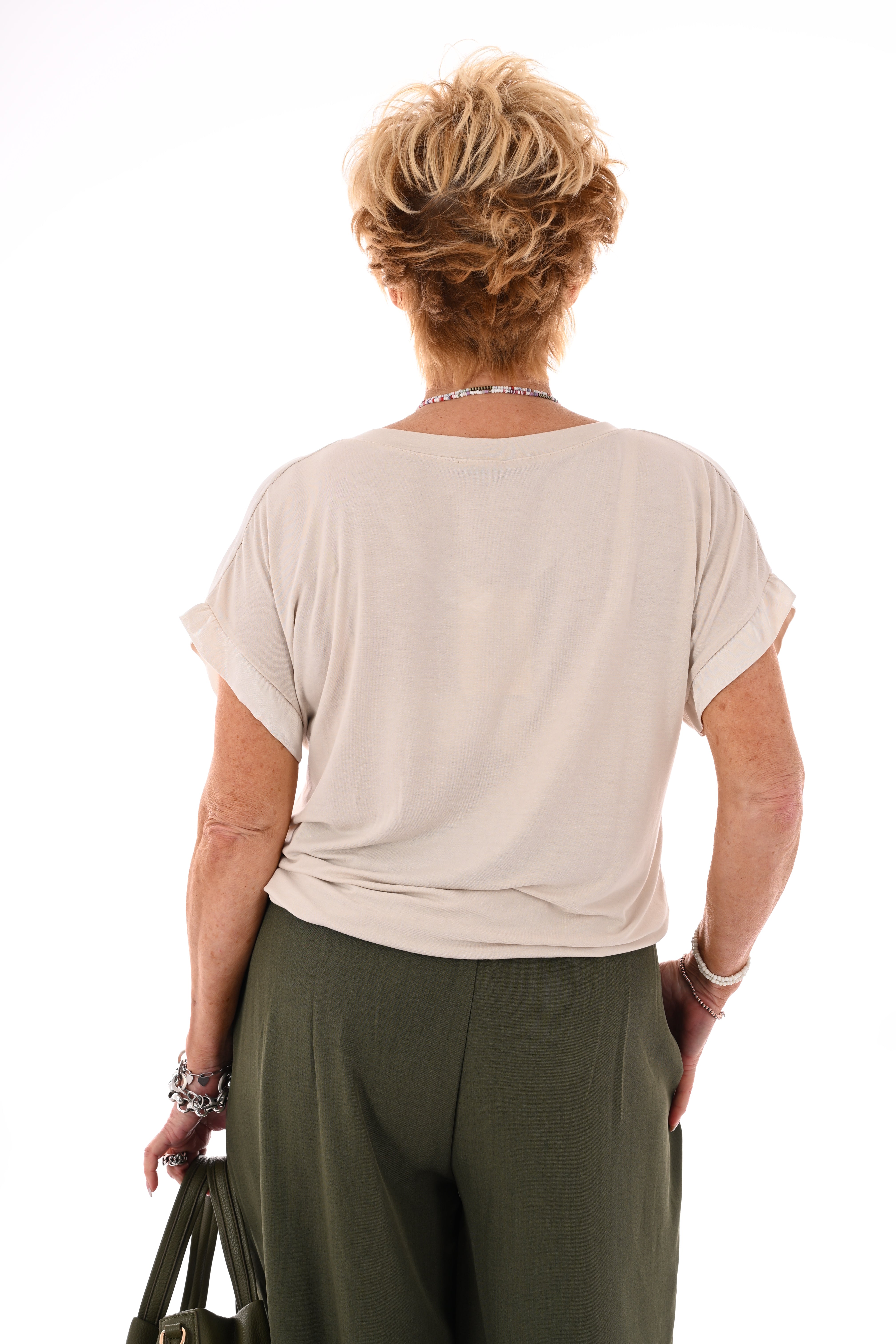 Top silky korte mouwen v-hals beige