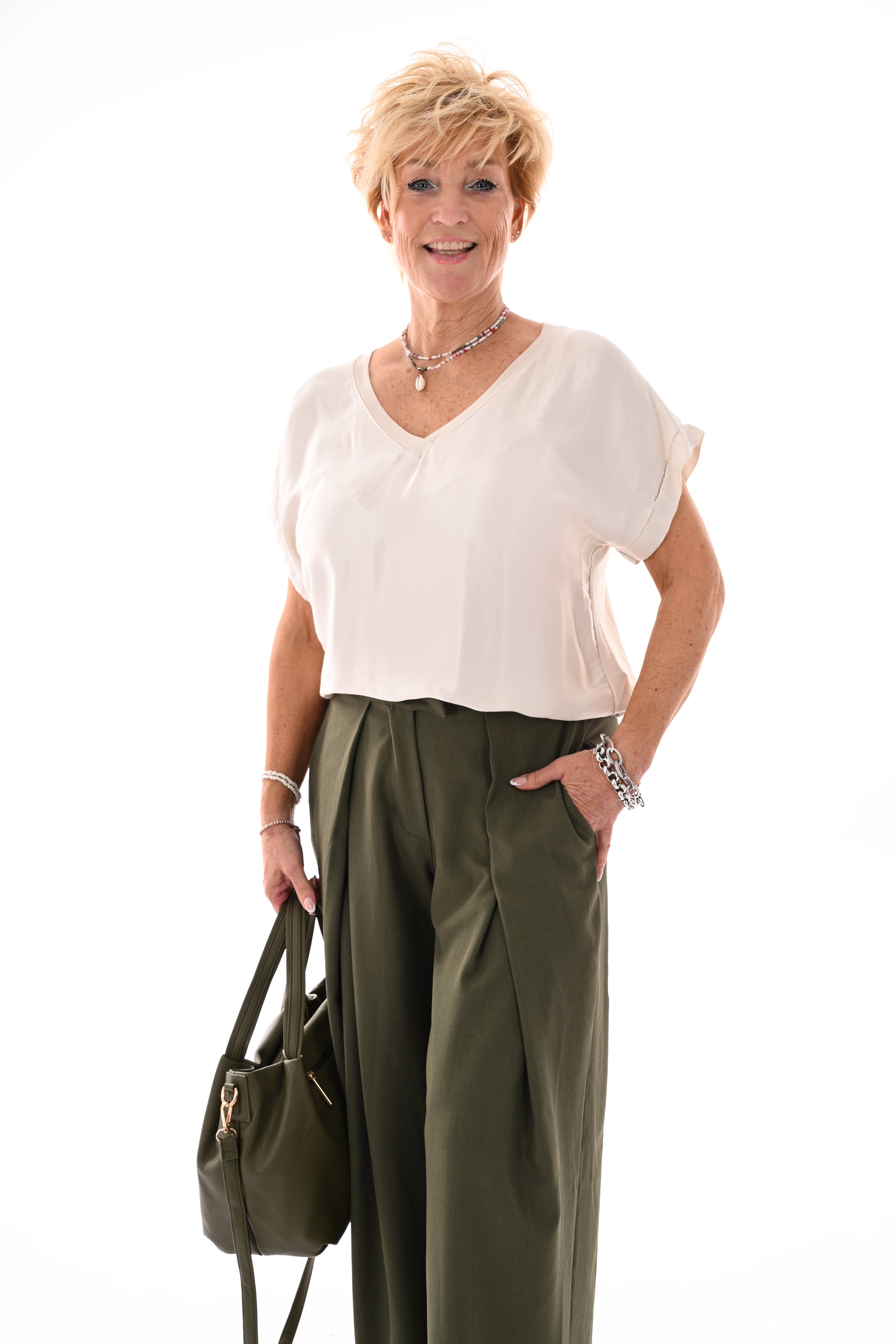 Top silky korte mouwen v-hals beige