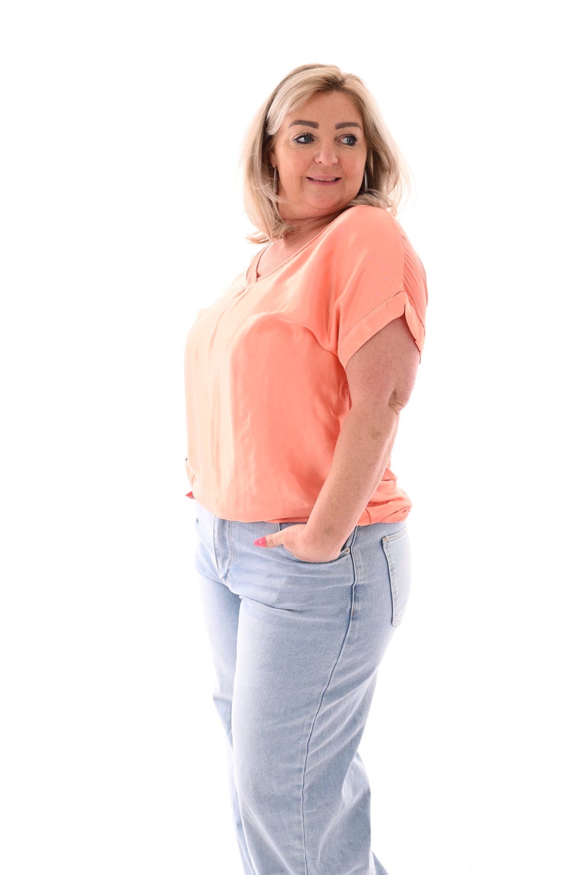 Top silky korte mouwen v-hals peach