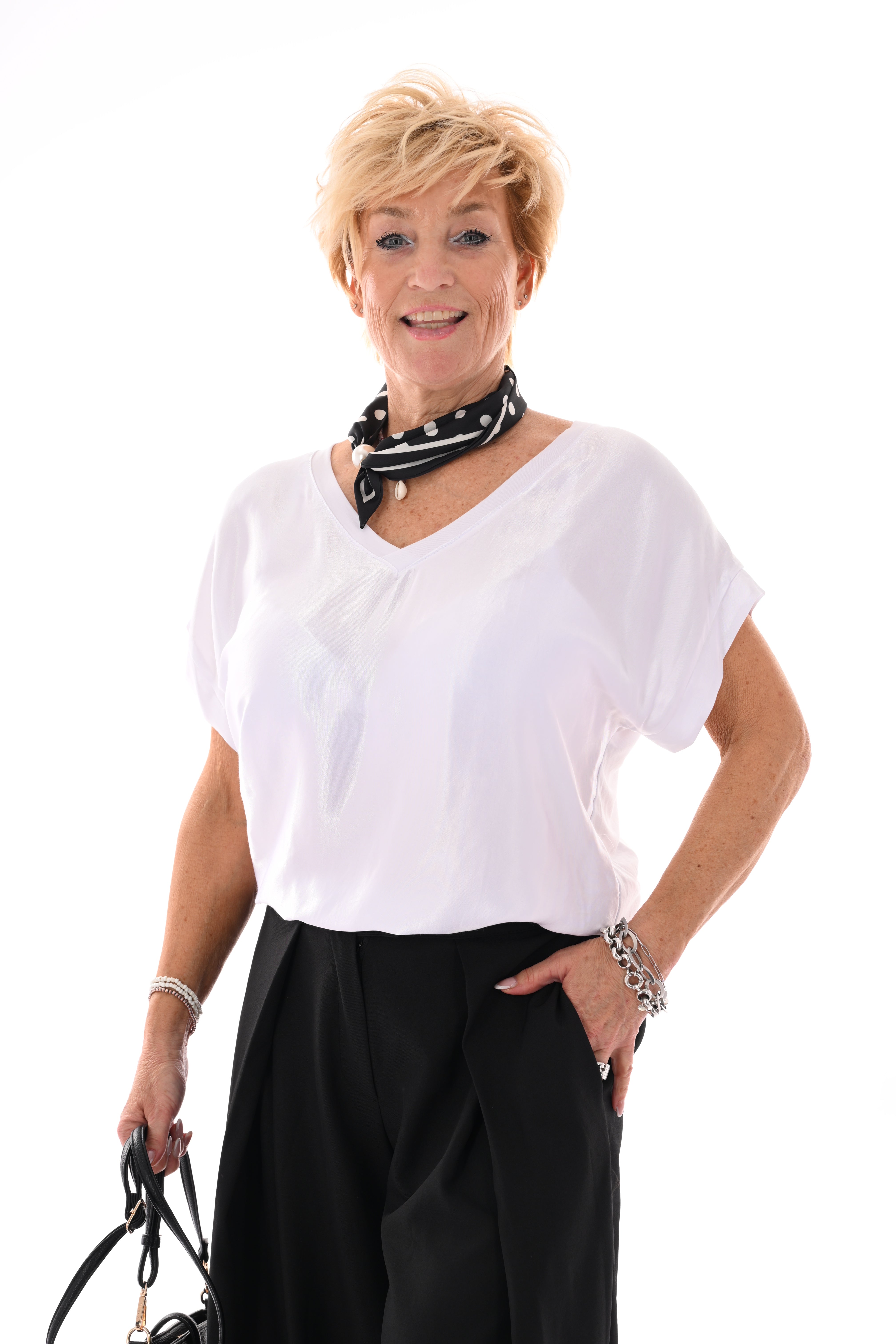 Top silky korte mouwen v-hals wit
