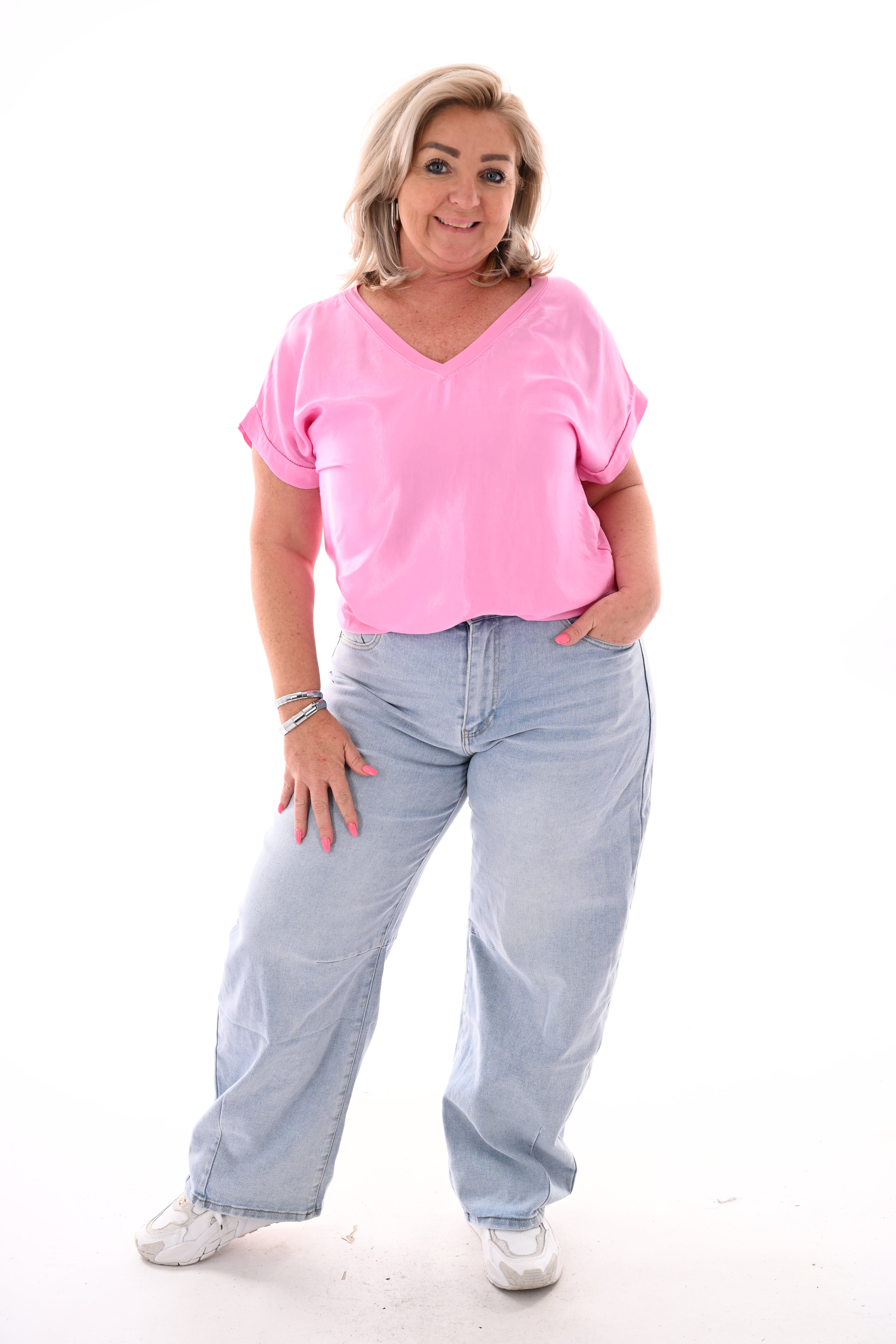 Top silky korte mouwen v-hals roze