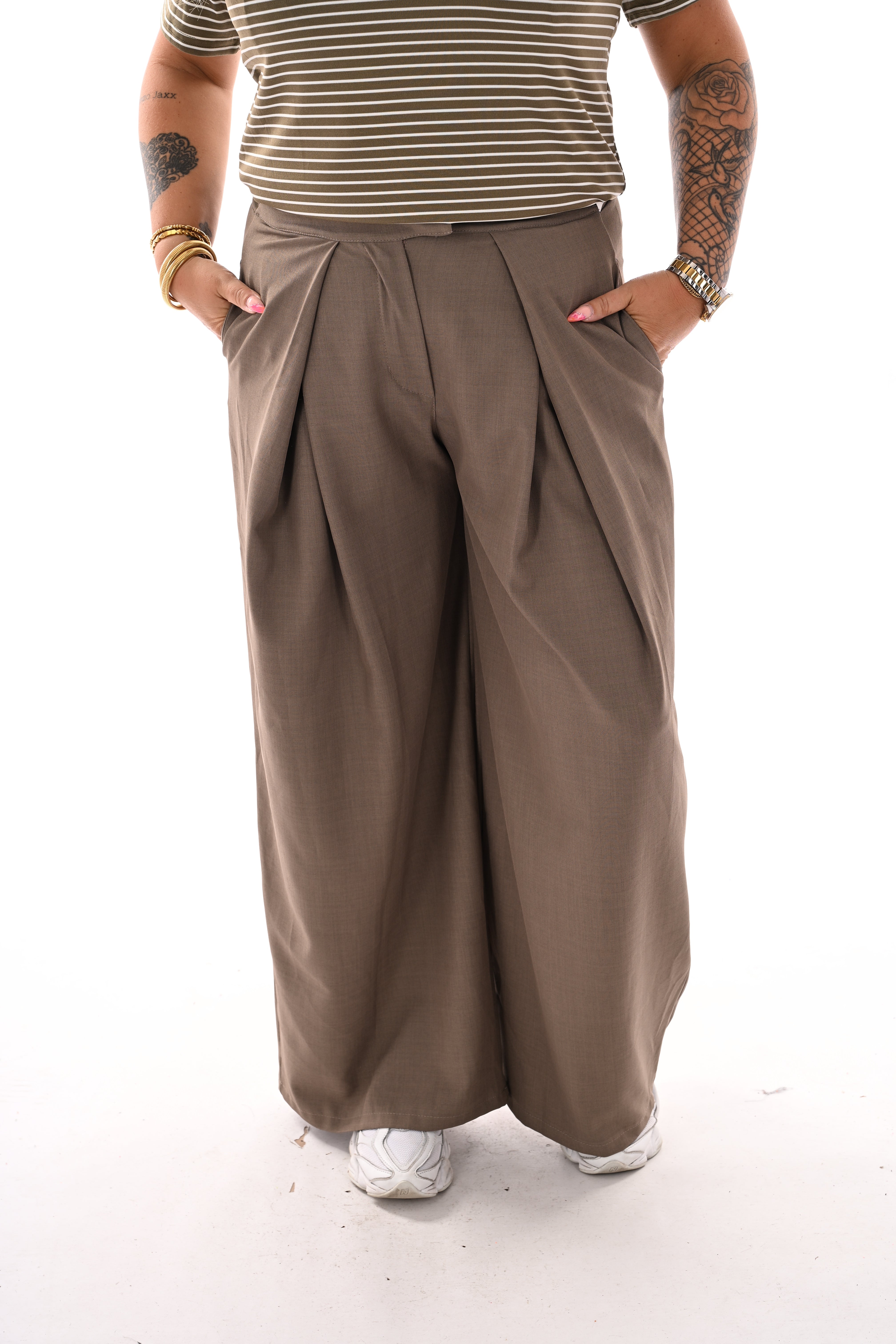 Pantalon broek met plooi band taupe