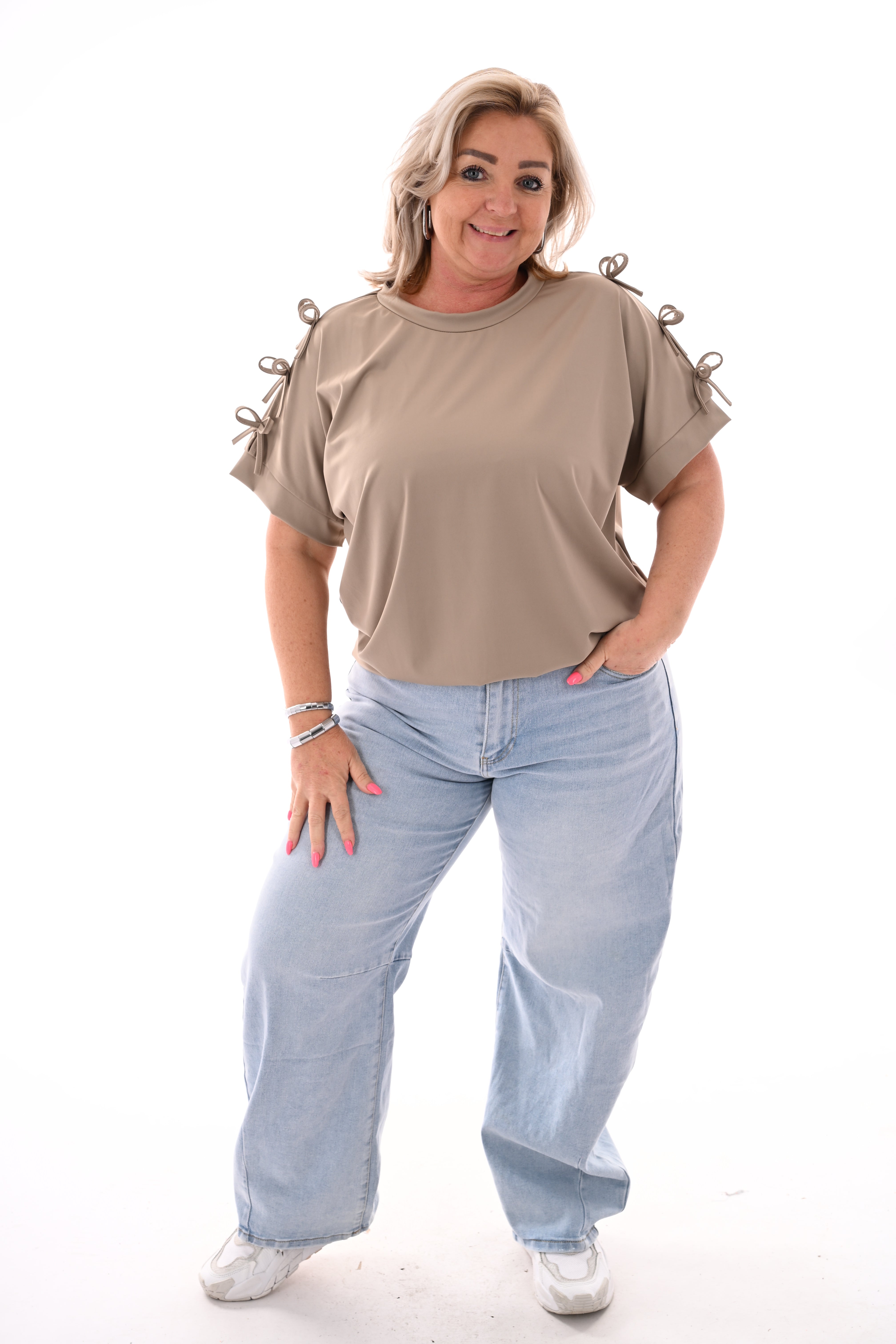 Top strikjes korte mouwen taupe