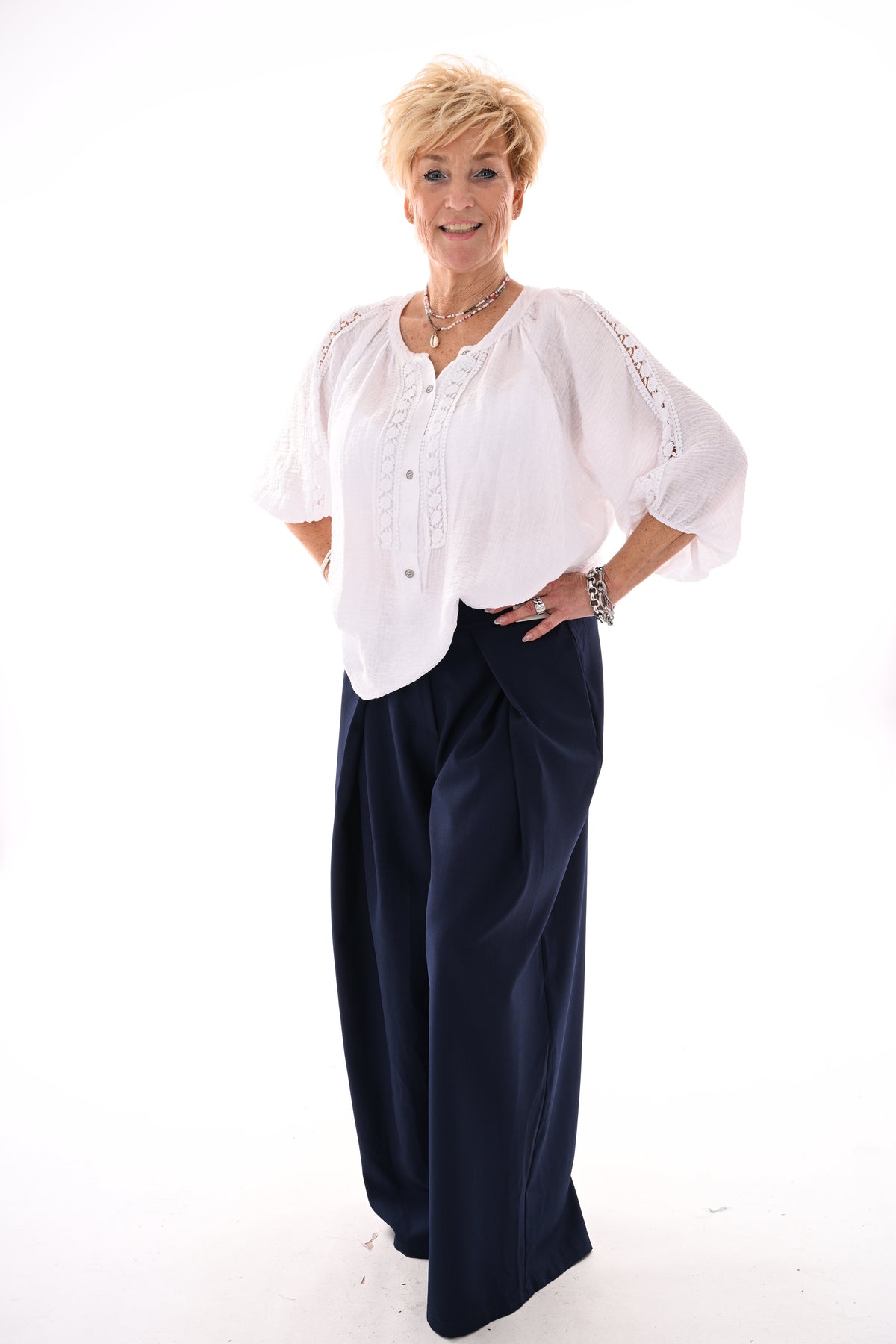Pantalon broek met plooi band marineblauw
