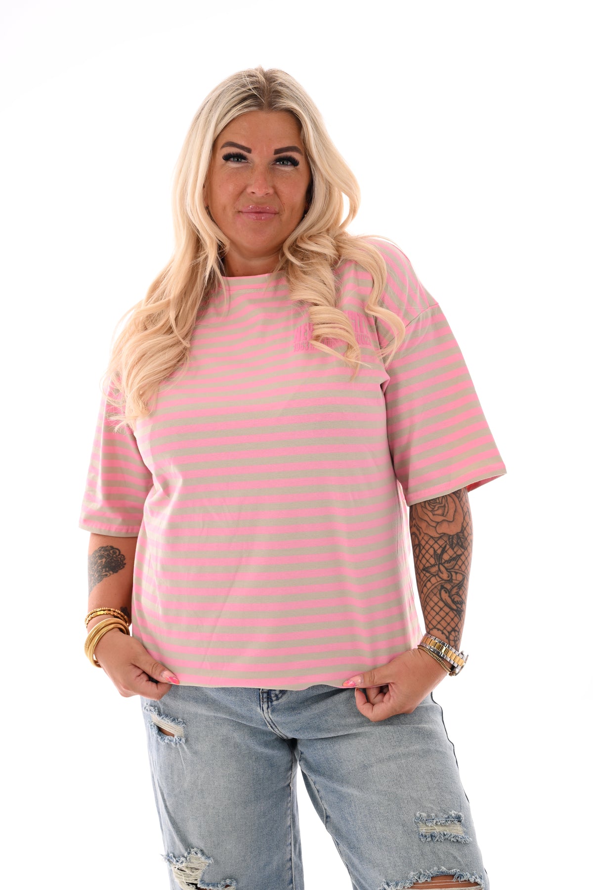T-shirt streepjes NewYork roze/beige