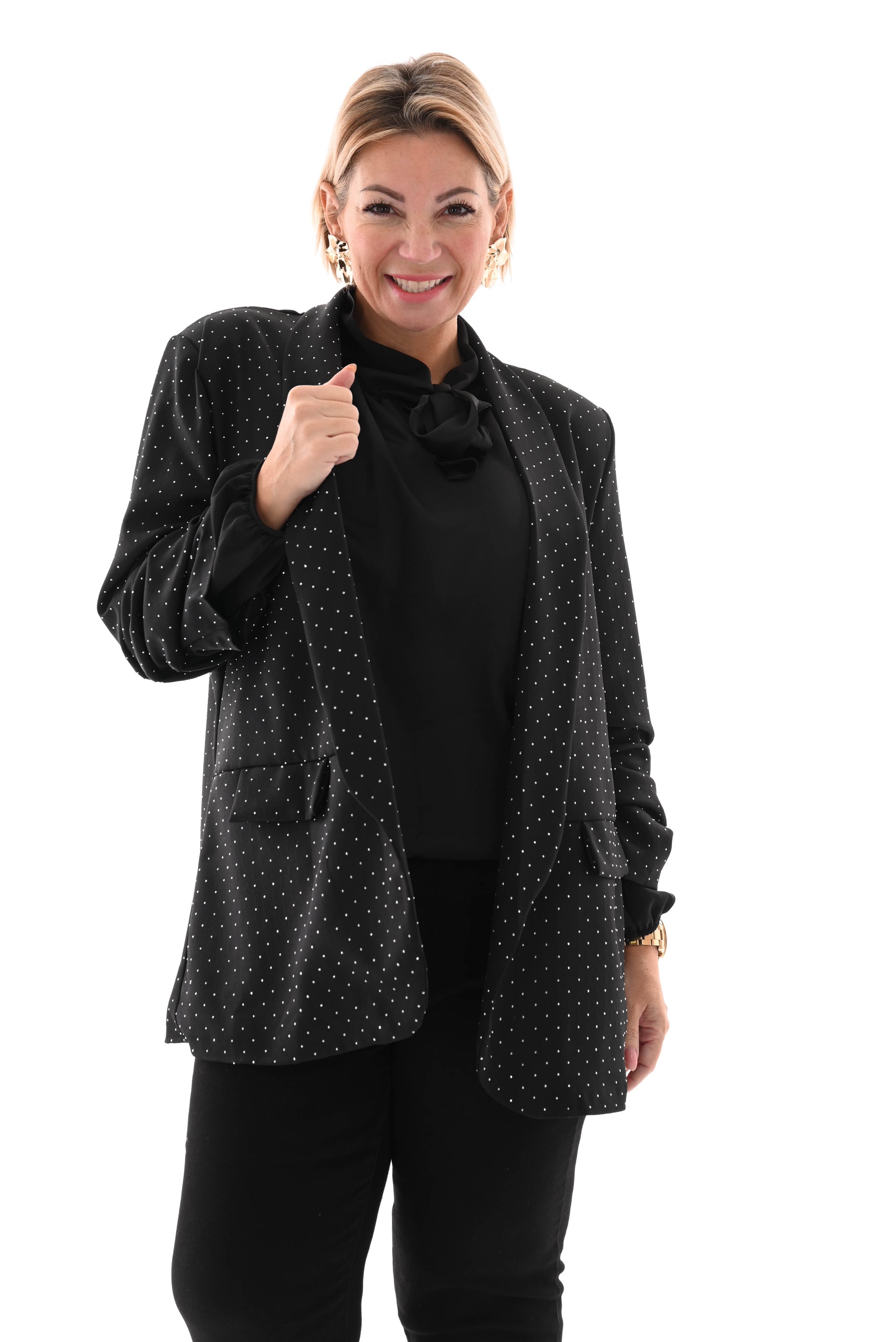 Blazer geplooide mouwen zwart strass