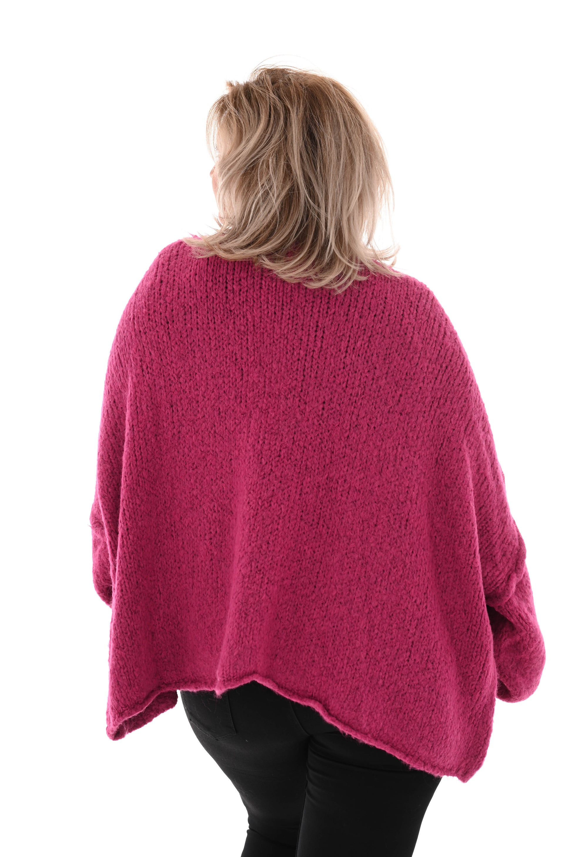 Kort grof gebreid vest pofmouw magenta