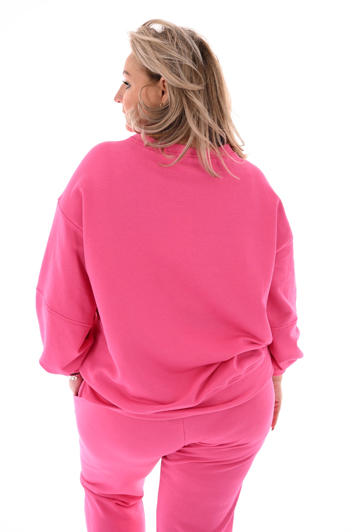 Tweedelig pak pofmouwen applicatie fuchsia