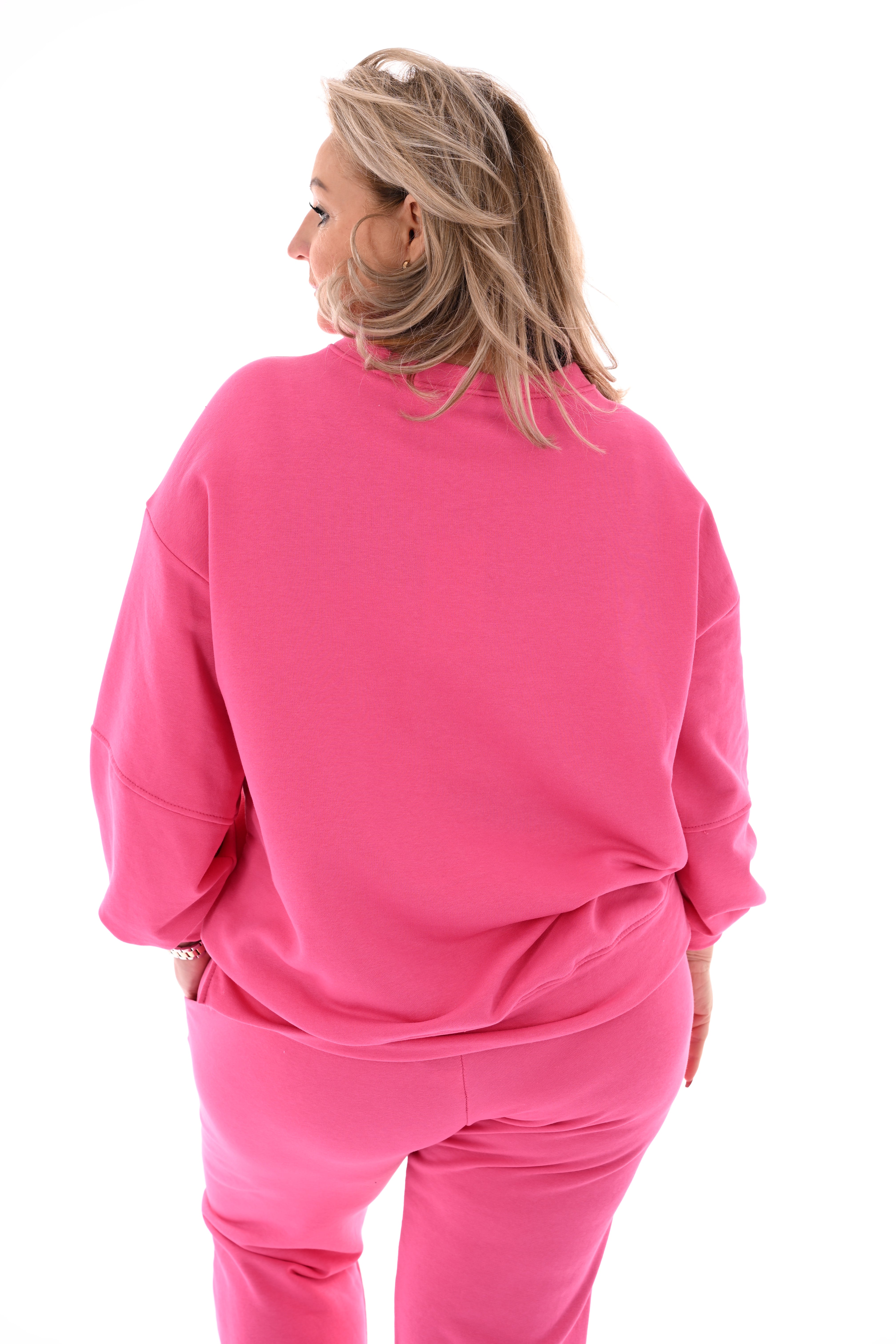 Tweedelig pak pofmouwen applicatie fuchsia