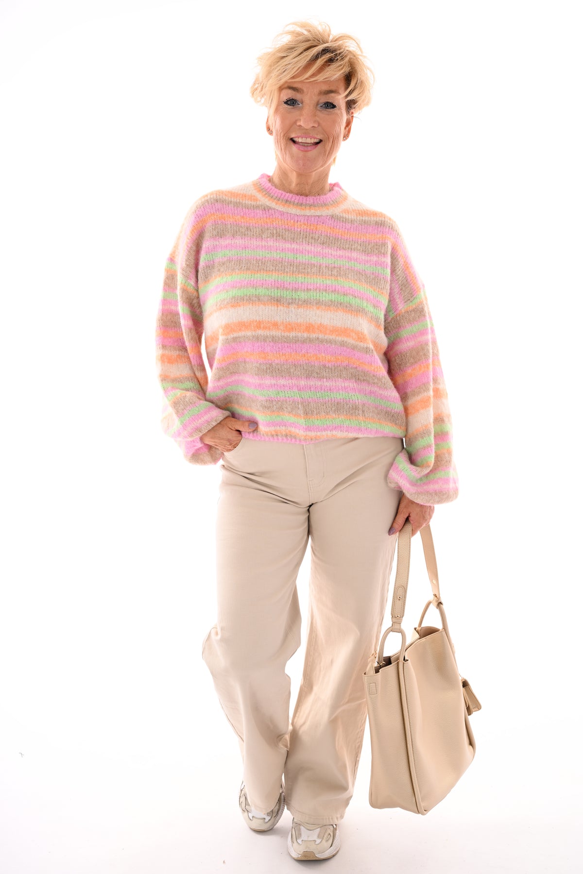 Trui strepenmix beige/roze