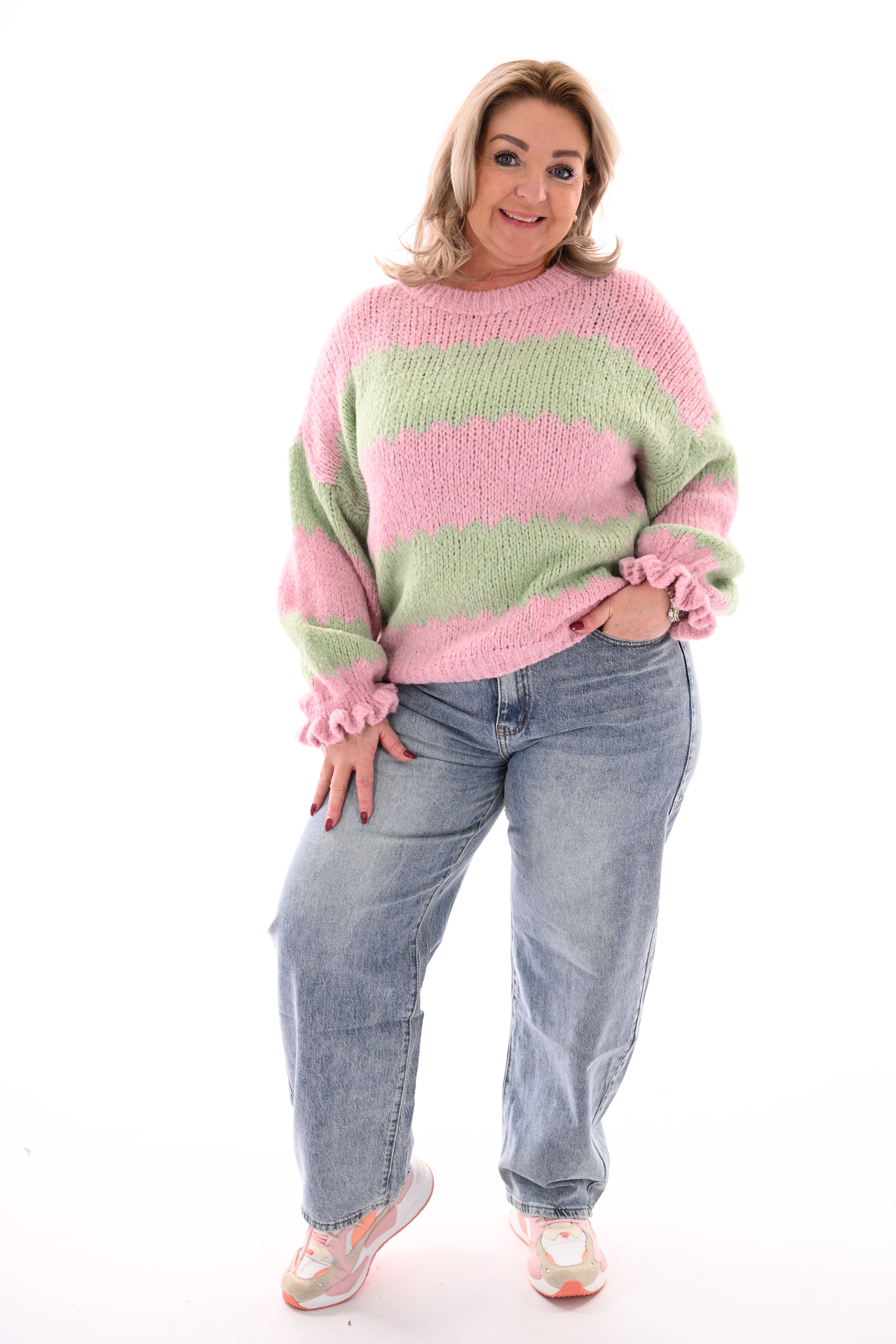 Gebreide trui brede golfstrepen lichtroze/pistache