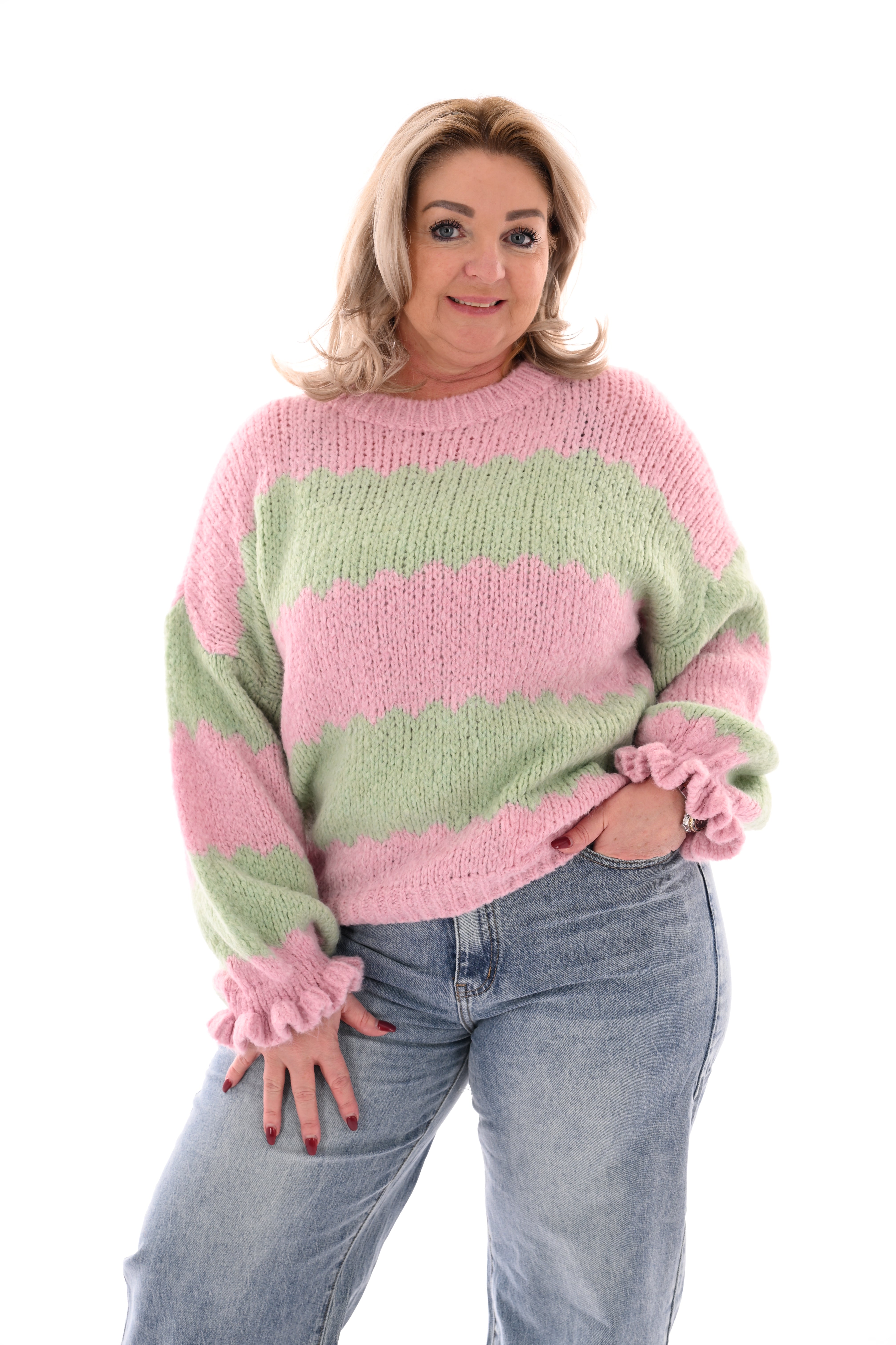 Gebreide trui brede golfstrepen lichtroze/pistache