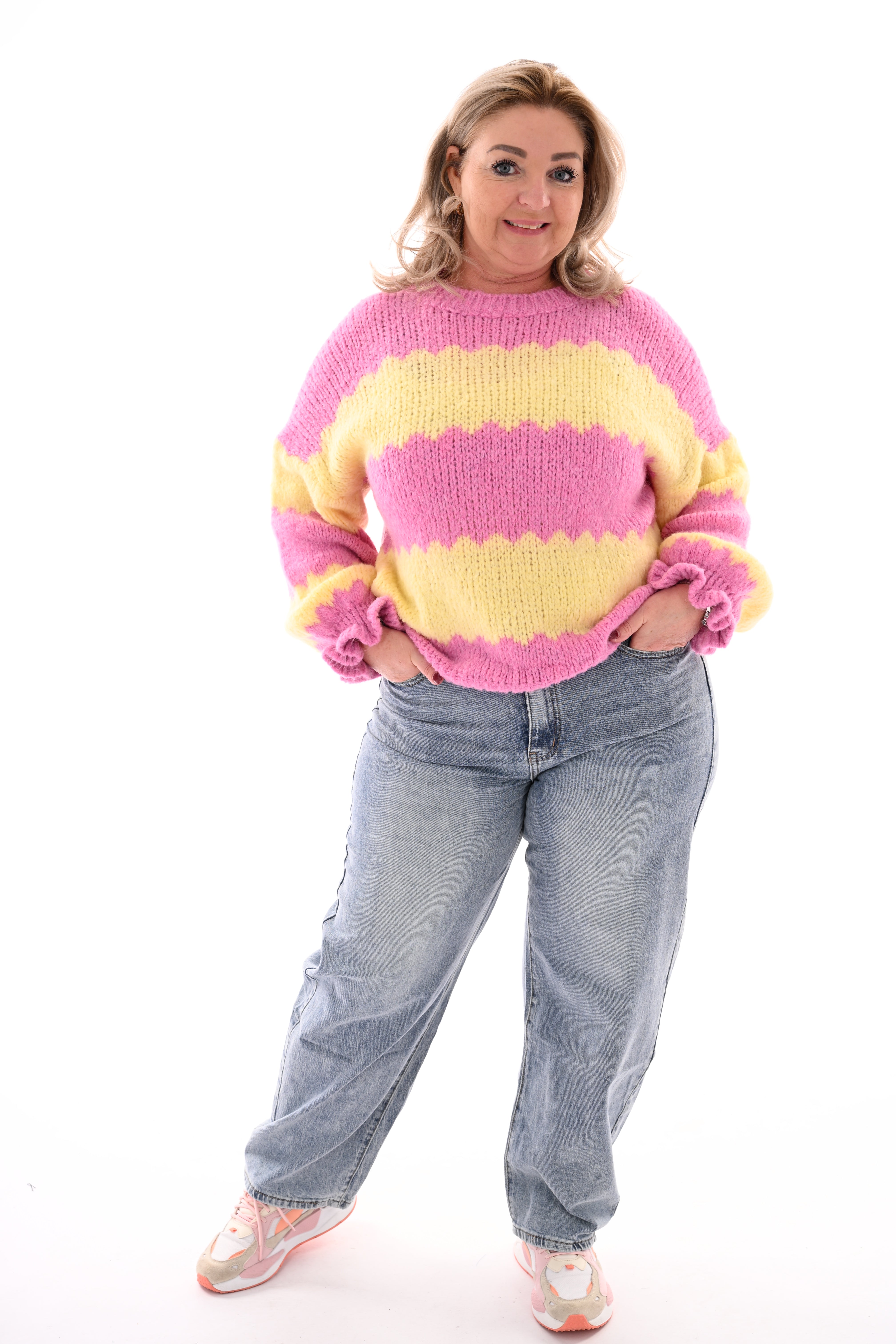 Gebreide trui brede golfstrepen roze/lichtgeel