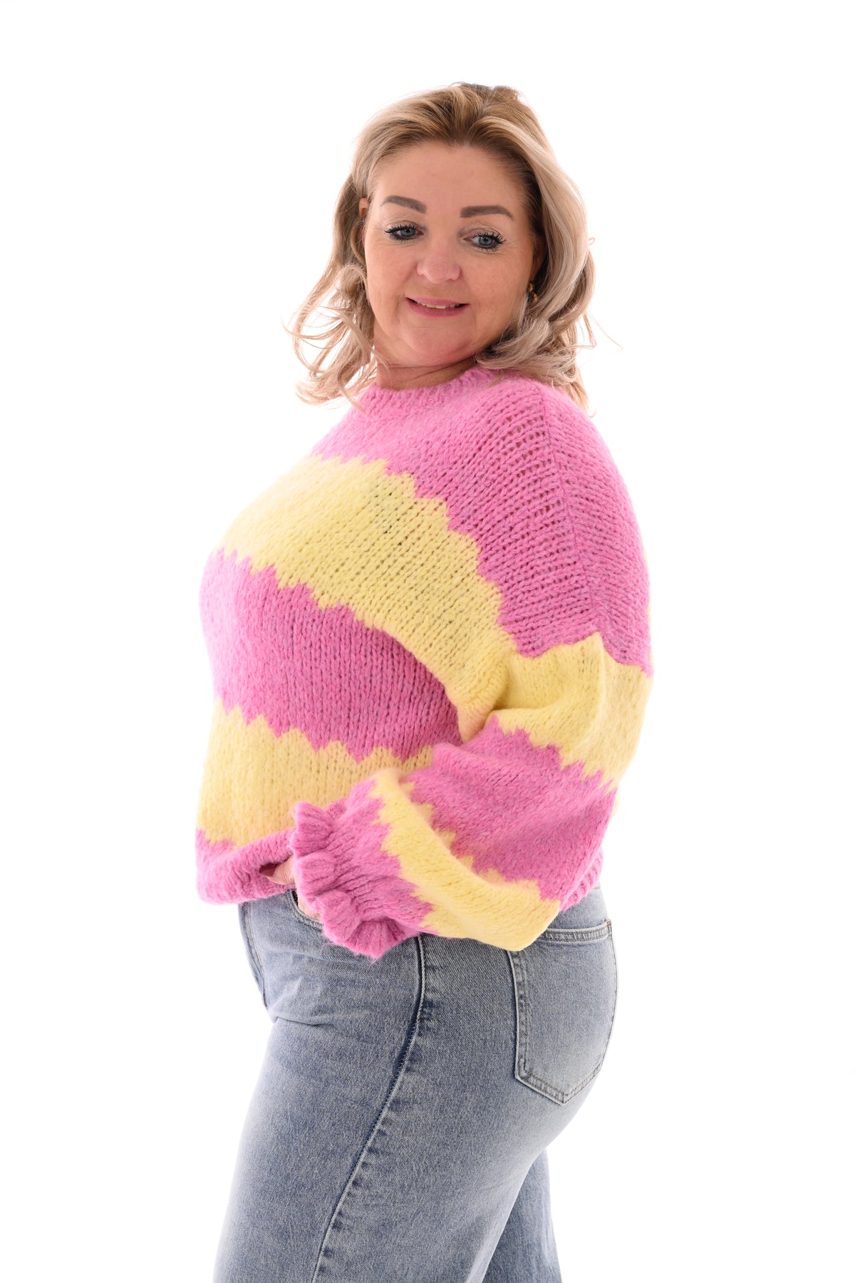 Gebreide trui brede golfstrepen roze/lichtgeel