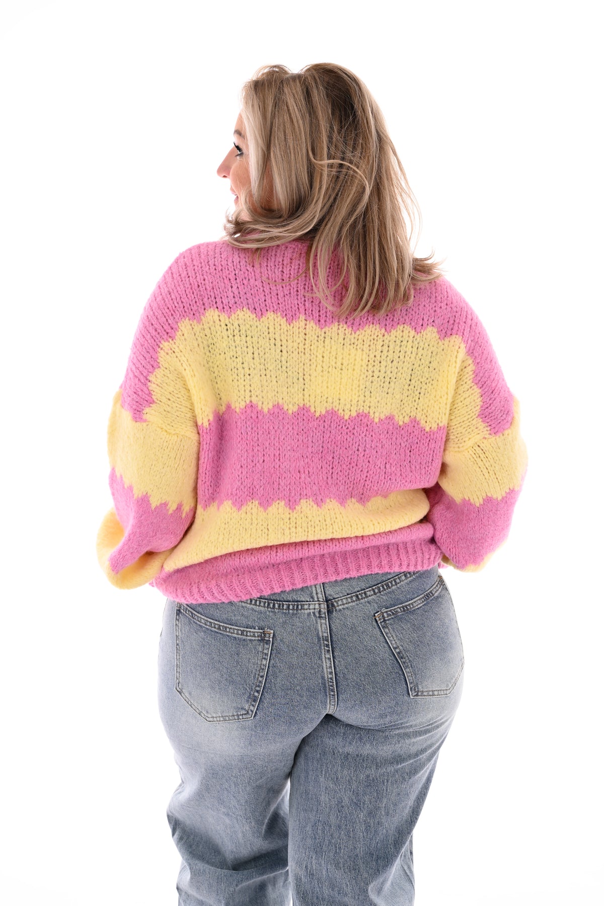 Gebreide trui brede golfstrepen roze/lichtgeel