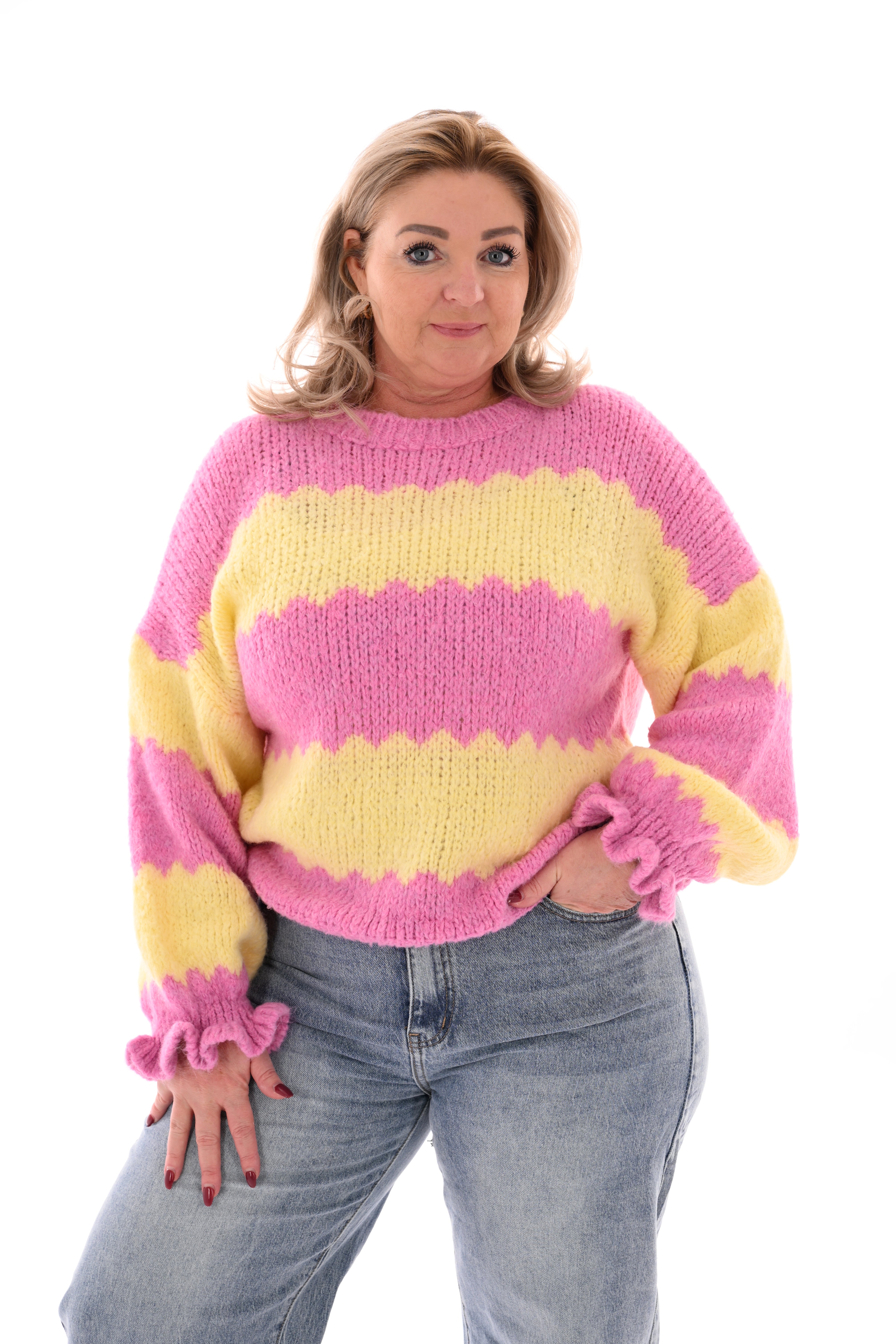 Gebreide trui brede golfstrepen roze/lichtgeel