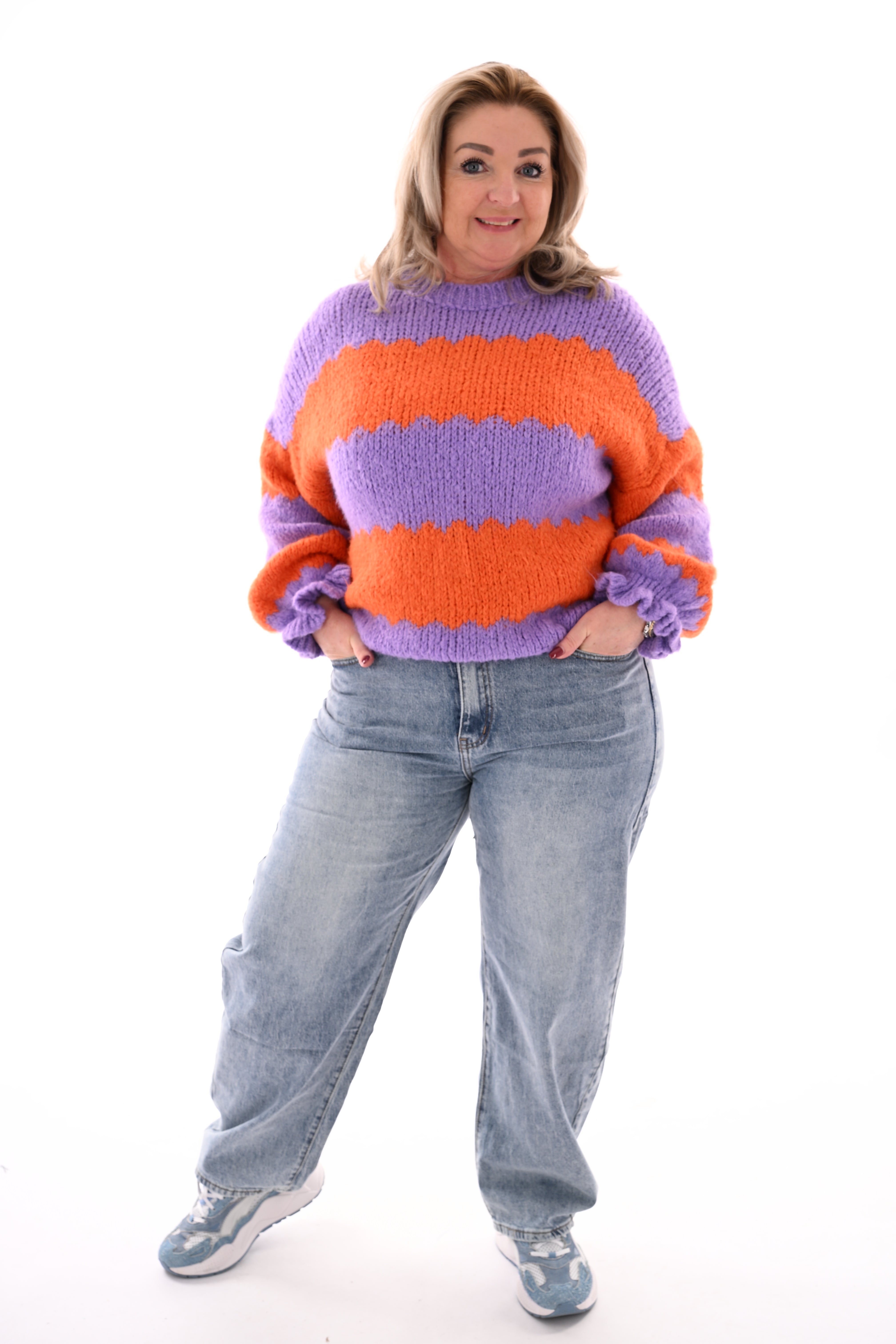 Gebreide trui brede golfstrepen lila/oranje